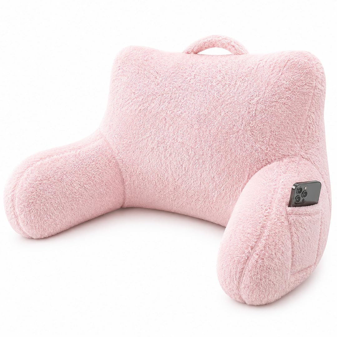 rejuvopedic Reading Cuddle Cushion – Pink, Super Soft Teddy Fleece Comfort Cushion with Pocket & Carry Handle