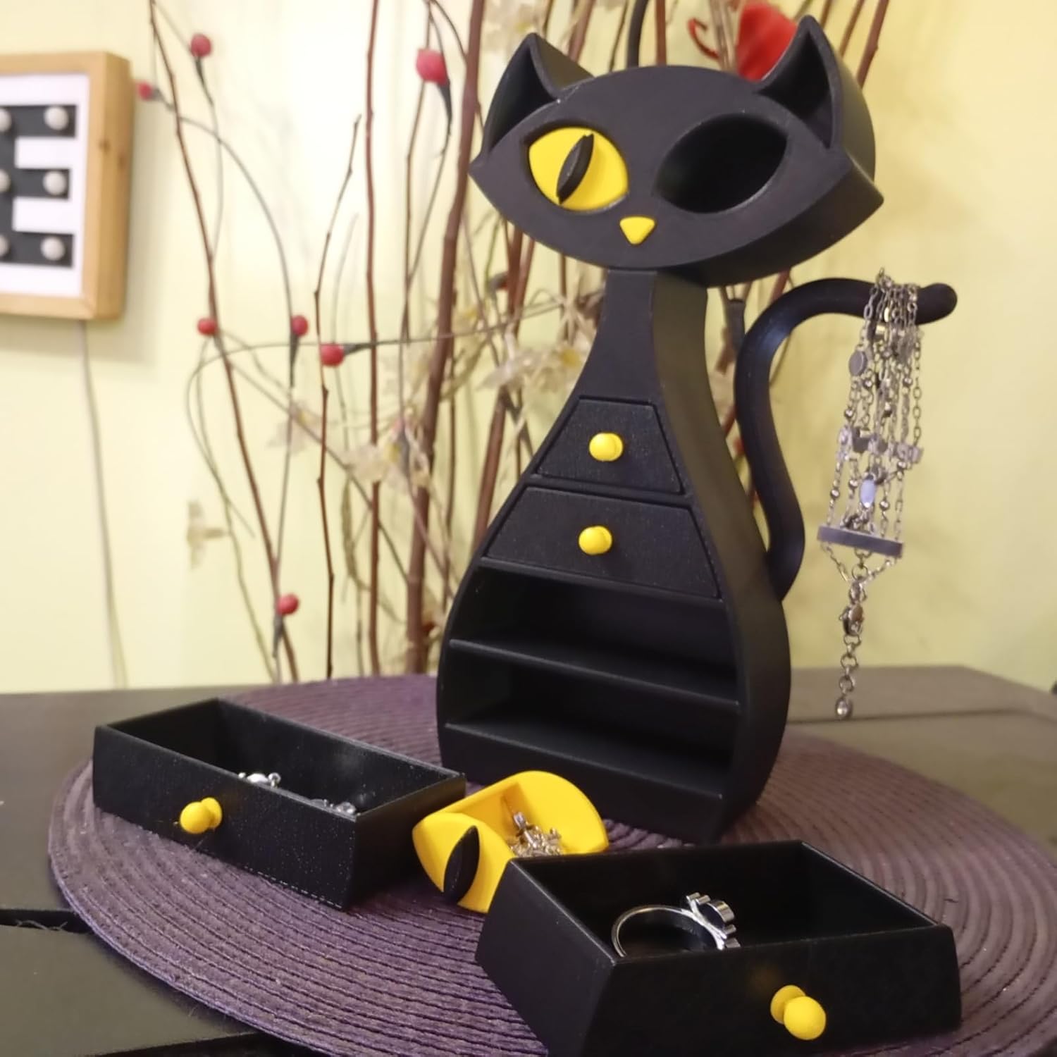 TIME&TRAVE Magical Cat Jewelry Stand Holder Organizer- 3D Printed Dual-Color Organizer with 6 Drawers, Yellow & Black Design for Necklaces, Rings, Earrings(Black+Yelllow)