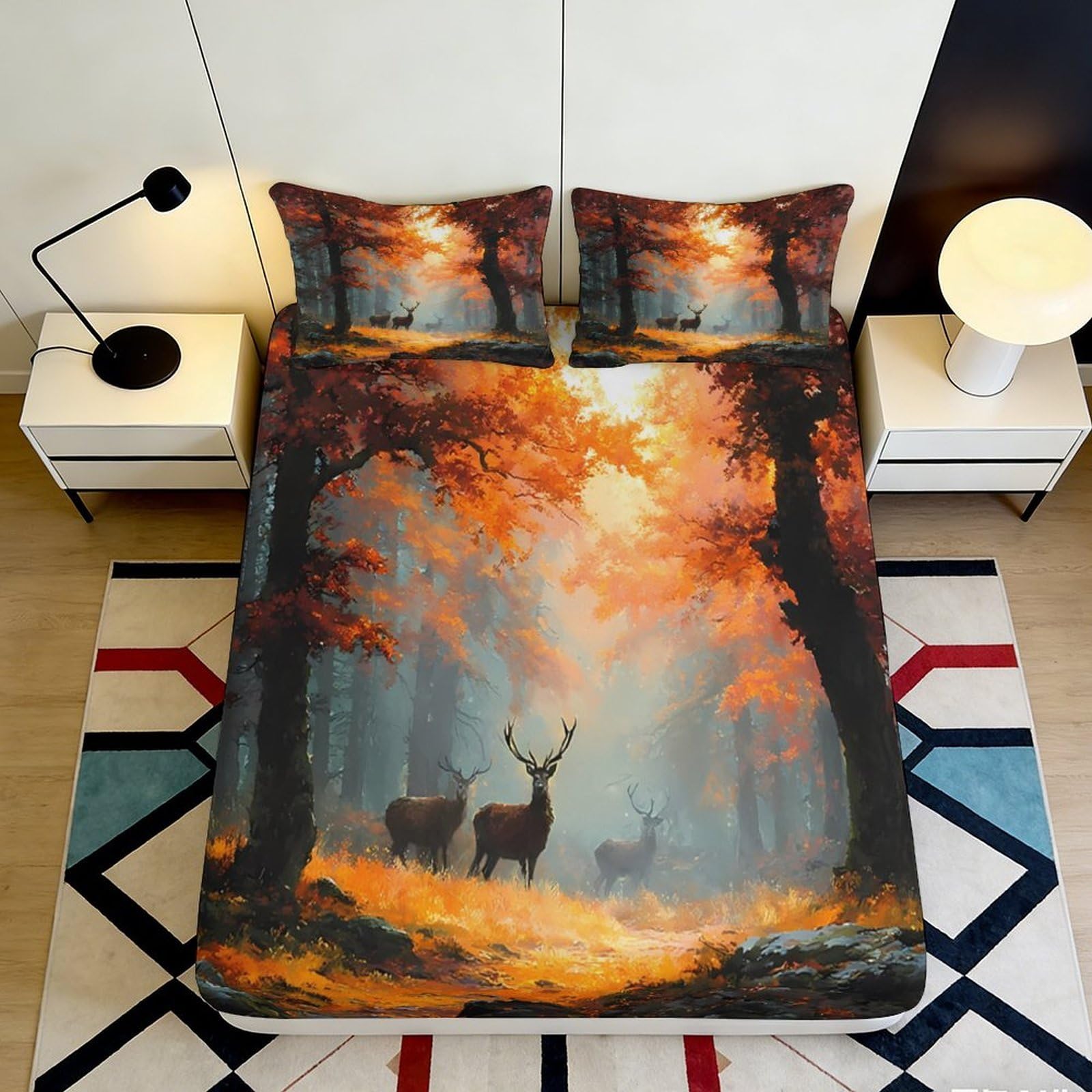 3D Printed Autumn Forest Fitted Sheet Microfiber Soft Deer Woodland Mattress Cover for Bedroom Guest Room Decor 90x200x25cm