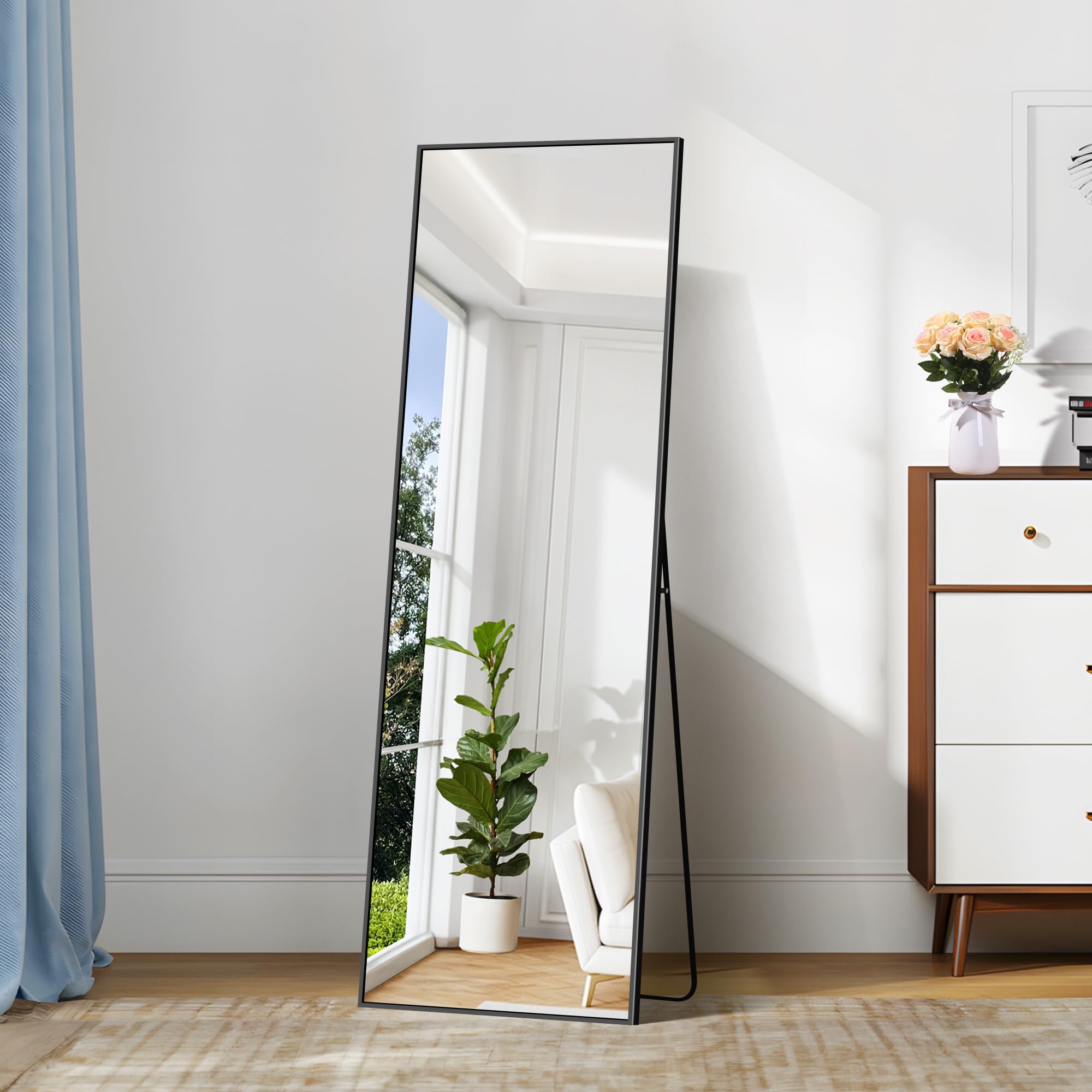 COFENY Specchio da Terra, 147 x 44 cm Specchio da Parete Grande con Cornice in Alluminio, Specchio da Terra da Appoggiare o Appendere per Soggiorno, Camera da letto, Soggiorno, Ingresso, Nero
