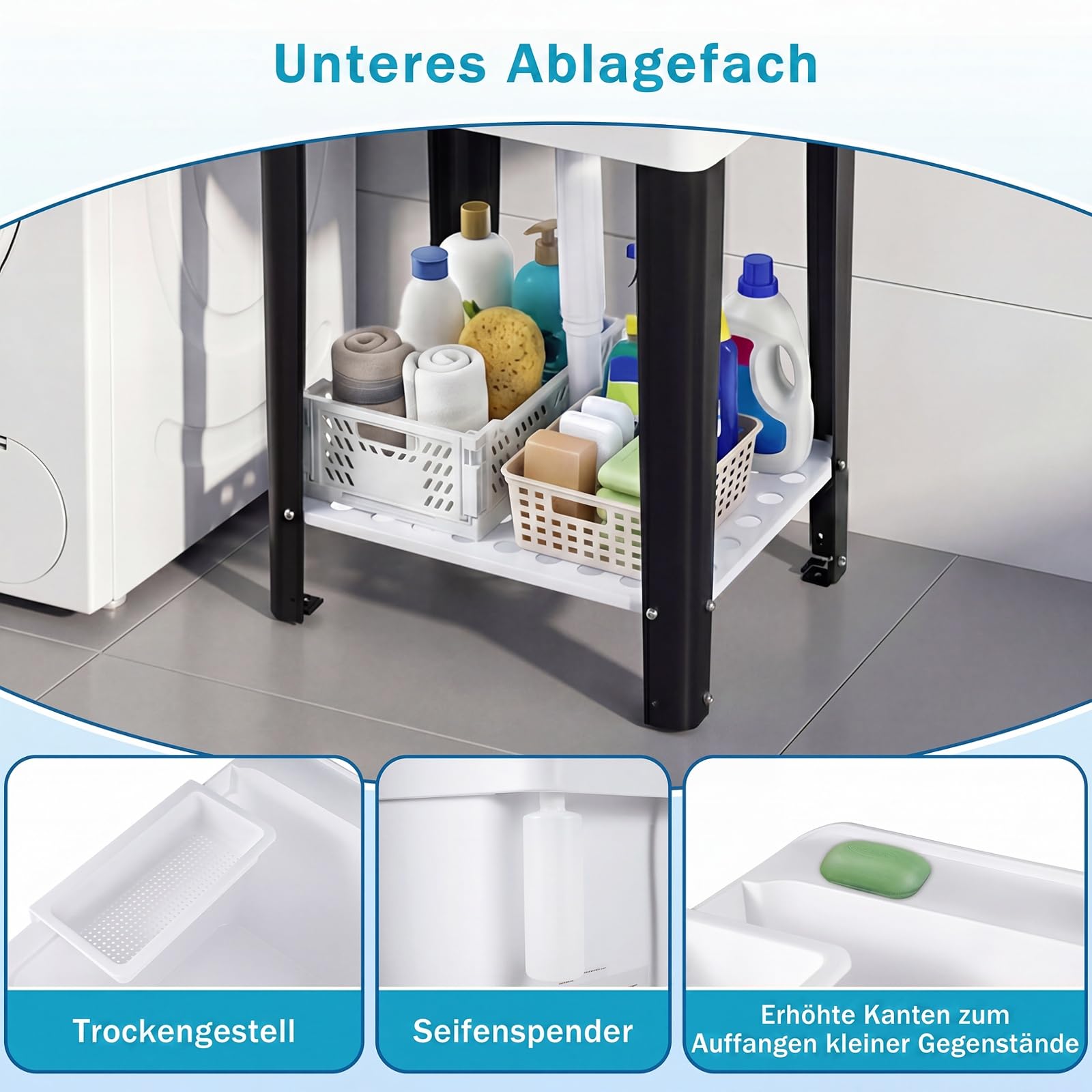 COSTWAY Ausgussbecken, Waschbecken mit Ablage, Abtropff & 360° Wasserhahn, inkl. Abflussgarnitur, Spülbecken für Garage Garten Waschküche, Küchenspüle aus Kunststoff Metall, 50,5 x 48 x 120,5 cm, Weiß