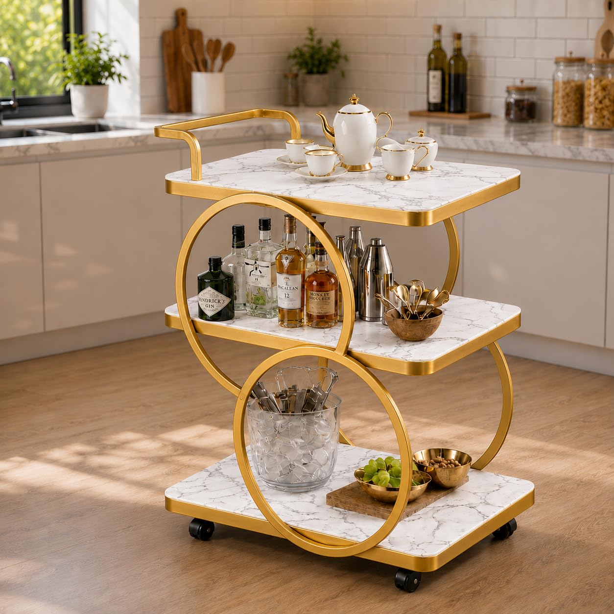 FURNIFOX End Table Bar Trolley 3-Tier Metal Serving Trolley with Gold Elegant Home and Restaurant Mobile Cart for Effortless Food Serving Coffee Table for Living Room & Bedroom Decor (Golden White)-image-12