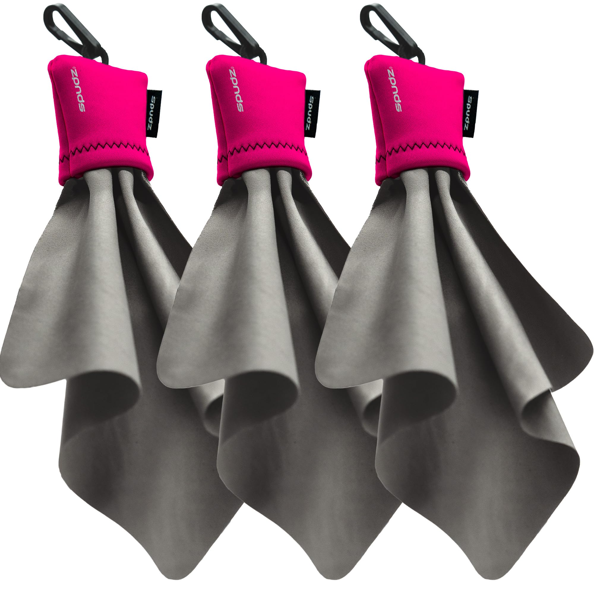 SPUDZ Ultra Microfiber Lens Cleaner with Closeable Bottom – Clip-On Pouch, Washable – for Binoculars, Scopes, Glasses, Screens | Ultra Pink, 6 x 6 Inch (3-Pack)