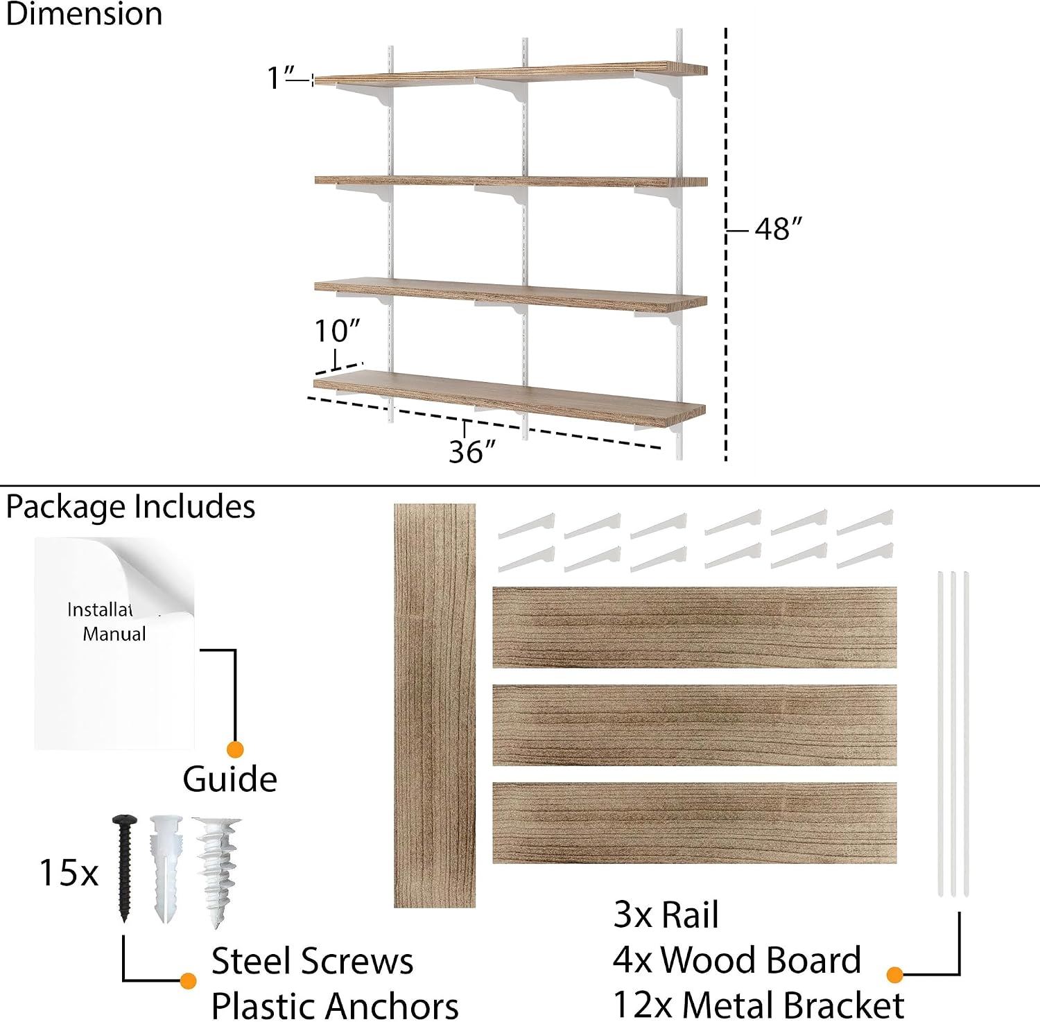 Wallniture Turin Height Adjustable Wall Mount Shelf, 36'' Long x 10 inch Deep Real Wood Shelves, Wall Storage Shelves for Closet Pantry Kitchen, Long Shelf for Wall, 4-Tier
