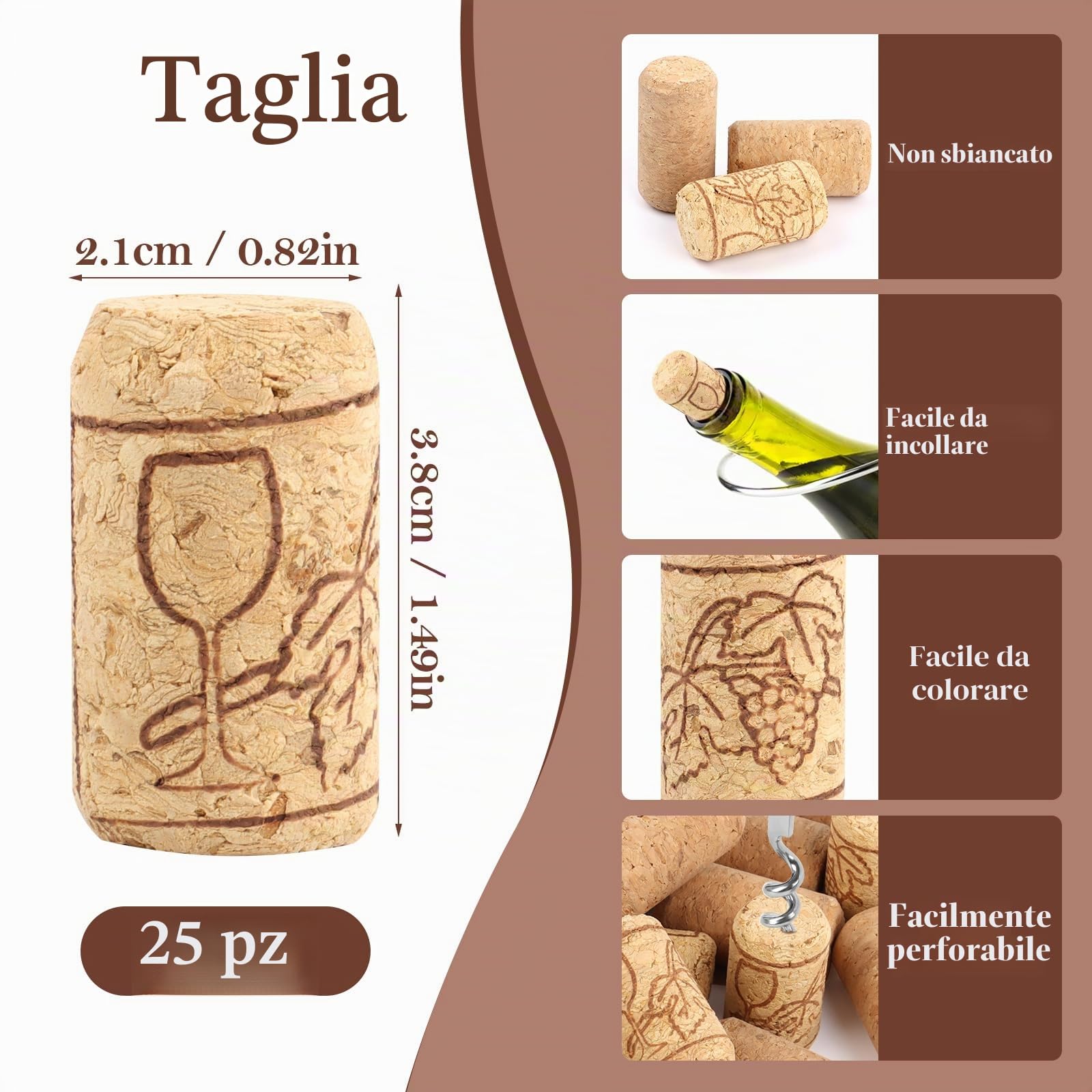 MXTIMWAN 25 Pezzi Tappi di Sughero per Bottiglie di Vino, Tappi in Sughero Riutilizzabili, Sughero Naturale per Vino o Decorazioni Creazione Bricolage e Artigianato