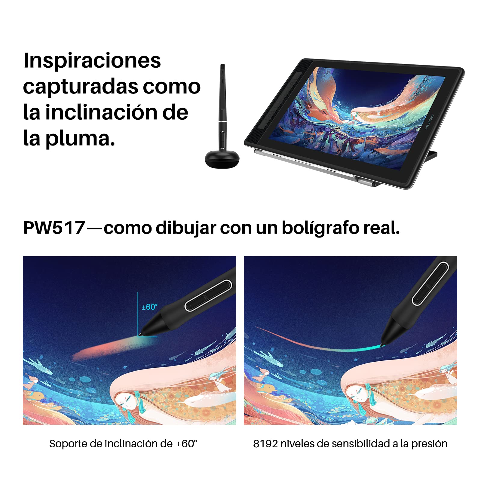 HUION Kamvas Pro 13 2.5K QHD Tableta Gráfica con Pantalla, Tableta de Dibujo de 13,3 Pulgadas con Soporte, QLED 145% sRGB, Bolígrafo Digital Profesional PW517,Optima para Oficina en Casa y e-Learning | QLED Full Lamination, 99% Adobe RGB, PW517 Lápiz capa