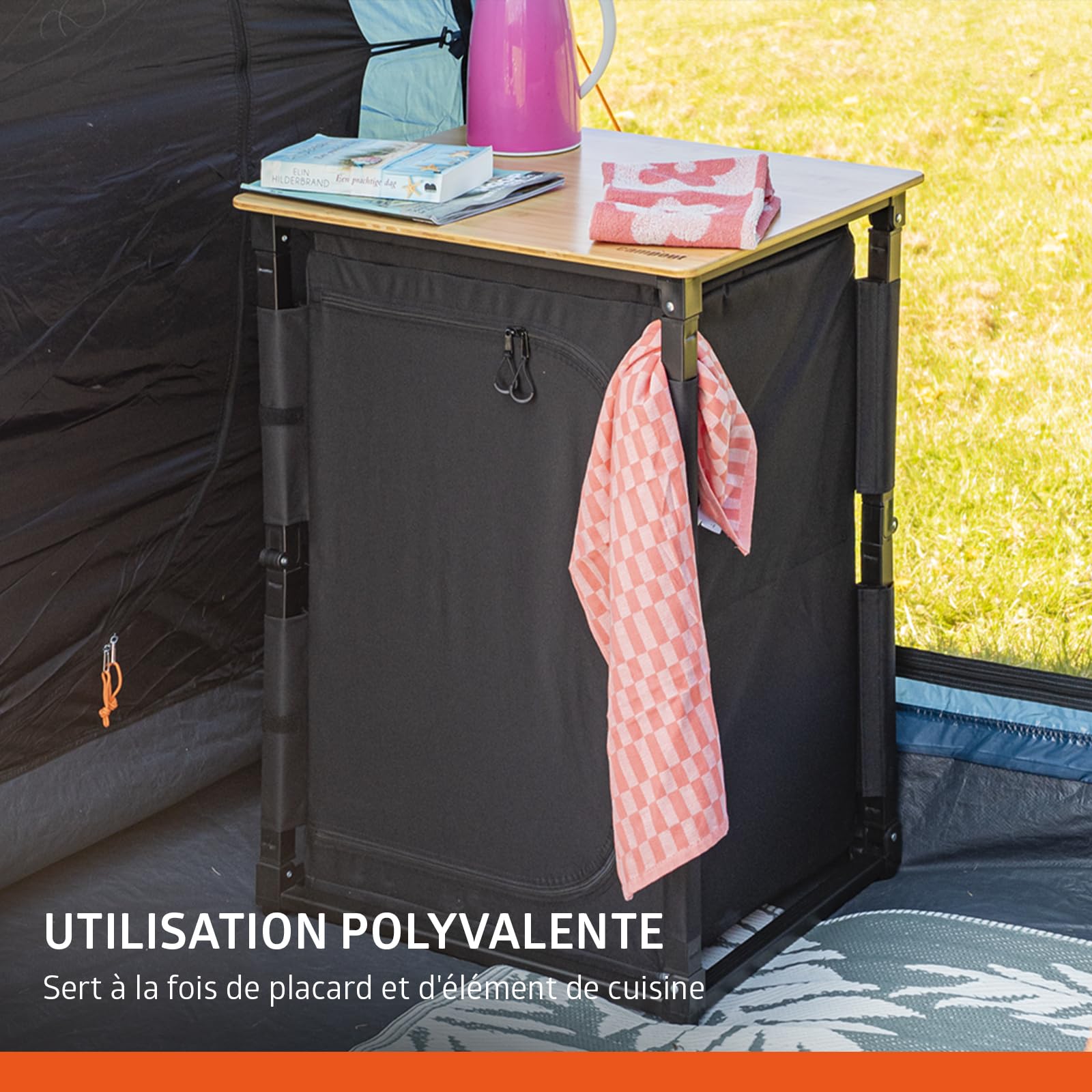 Campout Meuble Cuisine Camping Pliable 60 x 50 x 82 cm – pour Camping Jardin et Balcon – Sac de Transport Inclus – Marron/Noir