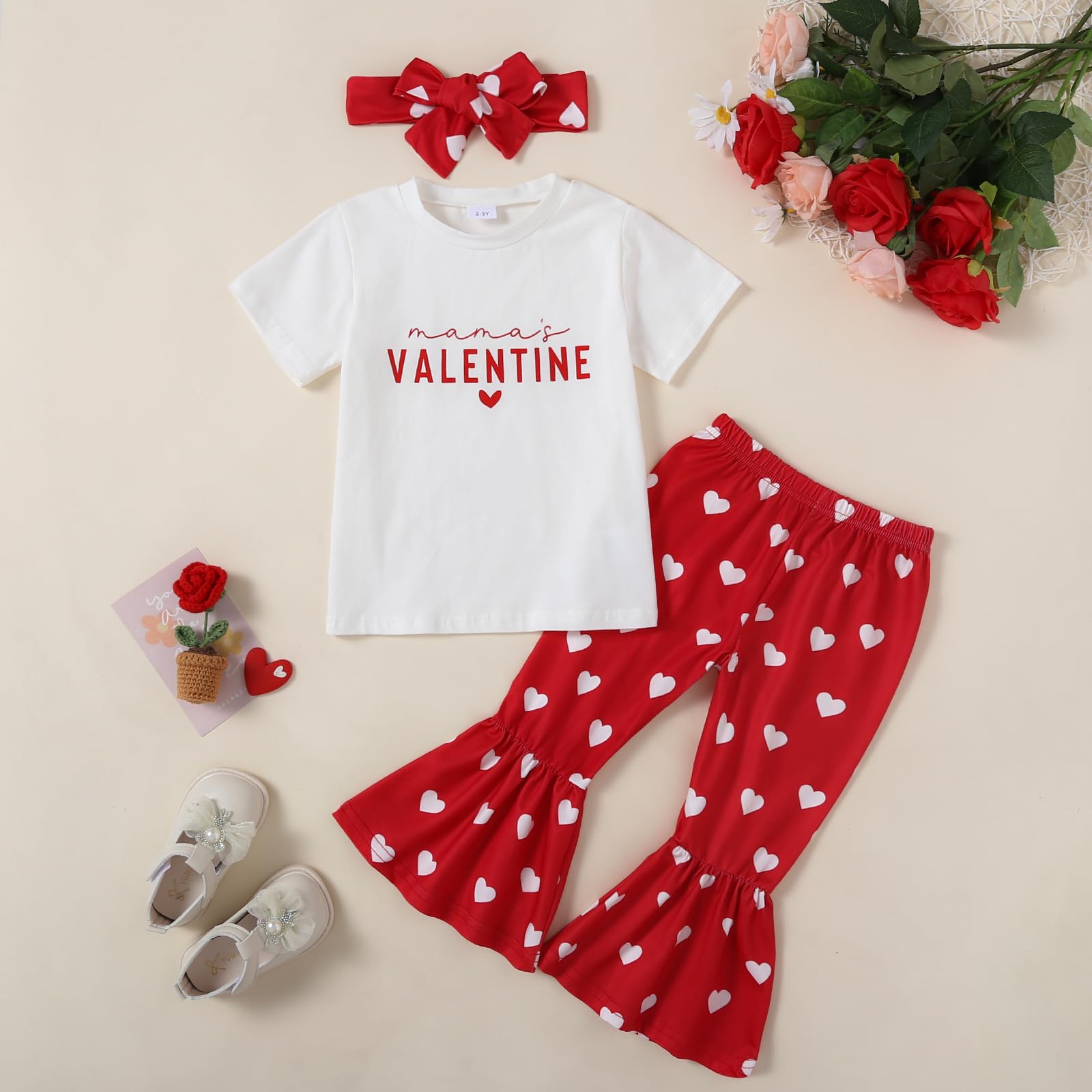 Tinypainter Girl Valentines Day Outfit Letter Tee Shirt Love Heart Bell Buttoms Pants Headband Clothes Set