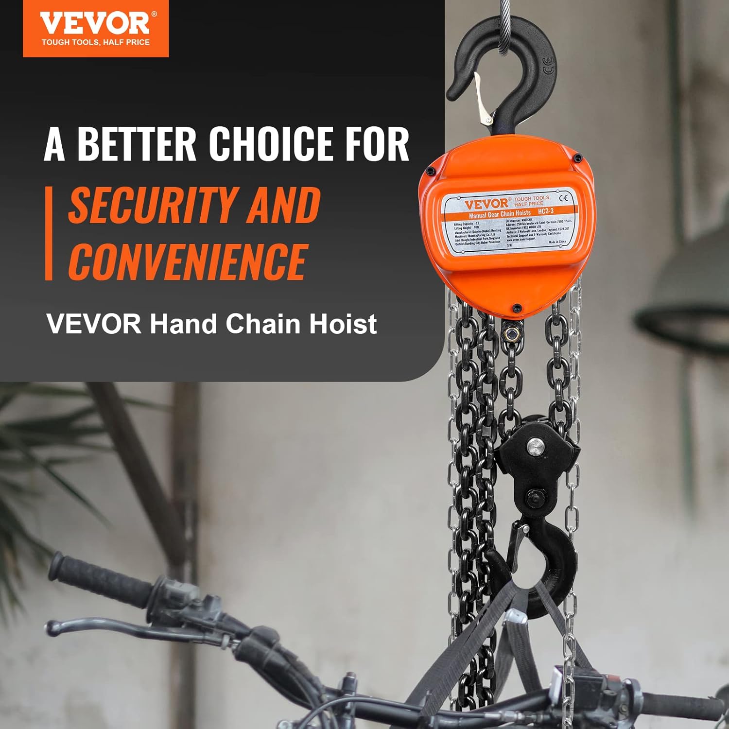 VEVOR Hand Chain Hoist, 2 Ton 4400 lbs Capacity 10 FT Come Along, G80 Galvanized Carbon Steel with Double-Pawl Brake, Auto Chain Leading & 360° Rotation Hook, for Garage Factory Dock