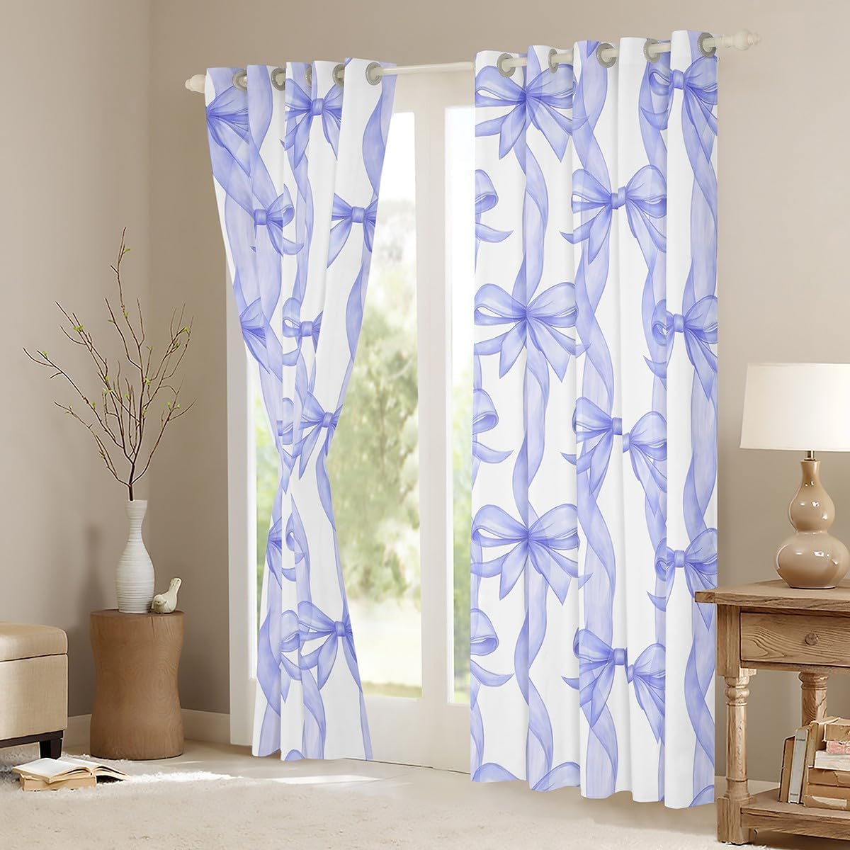 Bow Window Curtain,Light Blue Purple Bow Ribbon Curtains,Kids Girls Woman Teens Bowknot Lines Window Treatment Kawaii Sweet Bedroom Living Room Decor Top 2 Panels,42Wx63L