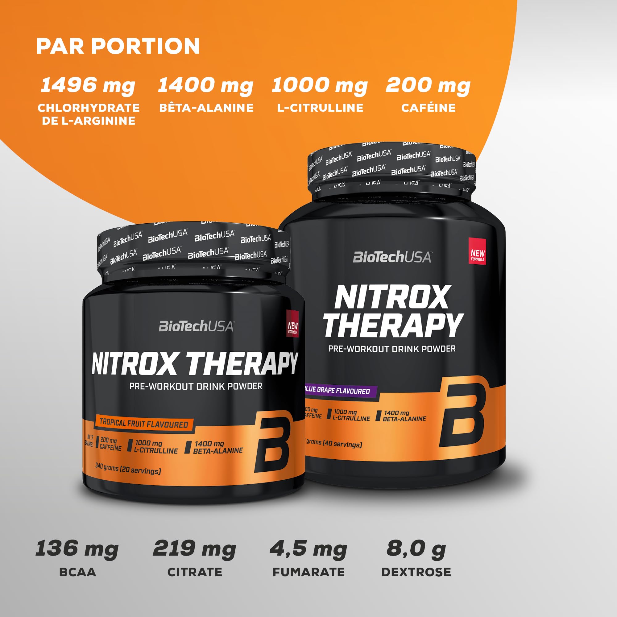 BioTechUSA Nitrox Therapy | Avec vitamine B6, magnésium et caféine | 16 ingrédients actifs | Sans gluten, sans lactose, 680 g, Raisin bleu