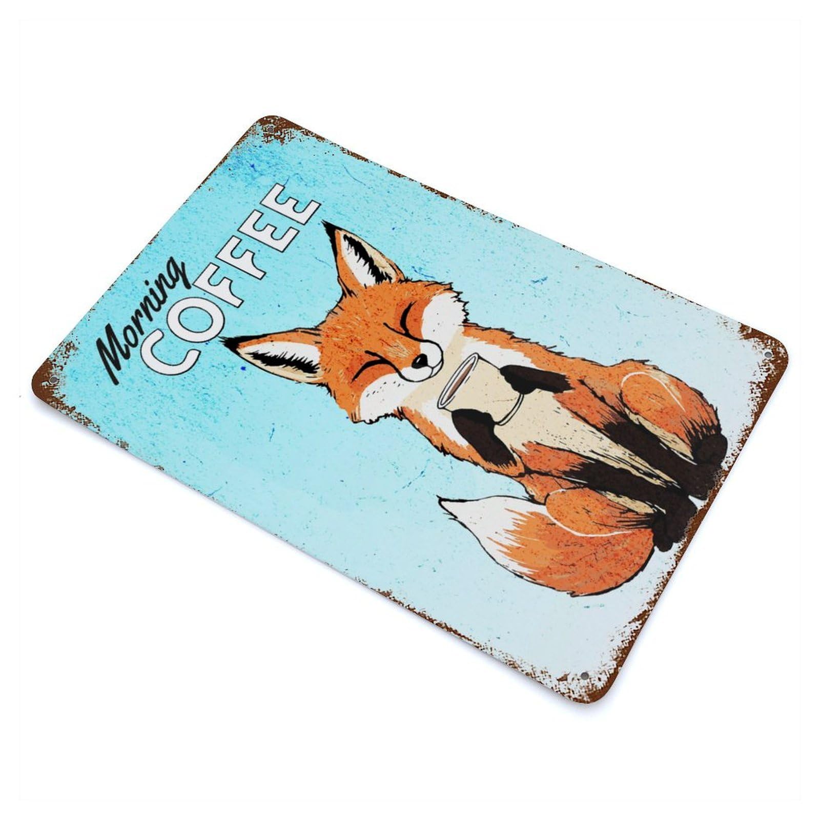Fox & Coffee Cup Vintage Wall Sign 11.8"x7.9", Rust Effect Metal Decor for Living Room, Hallway And Home Decor