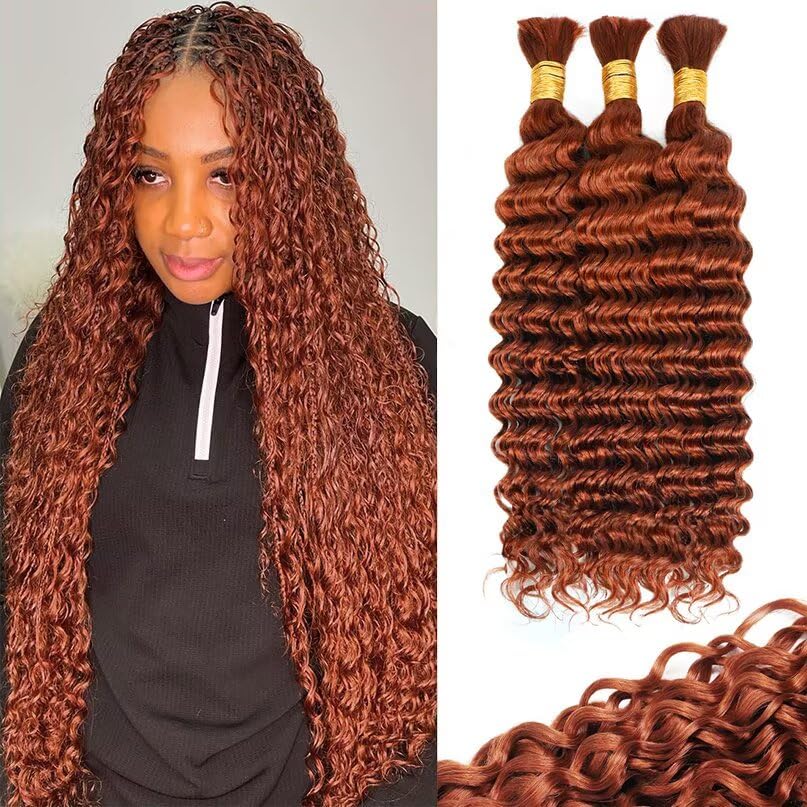 12A #350 Copper Ginger Human Braiding Hair for Boho Braids 3 Bundles 18 Inch 100g Deep Wave Braiding Hair for Bohemian Knotless Braids 100% Unprocessed Virgin Bulk Hair Extensions No Weft