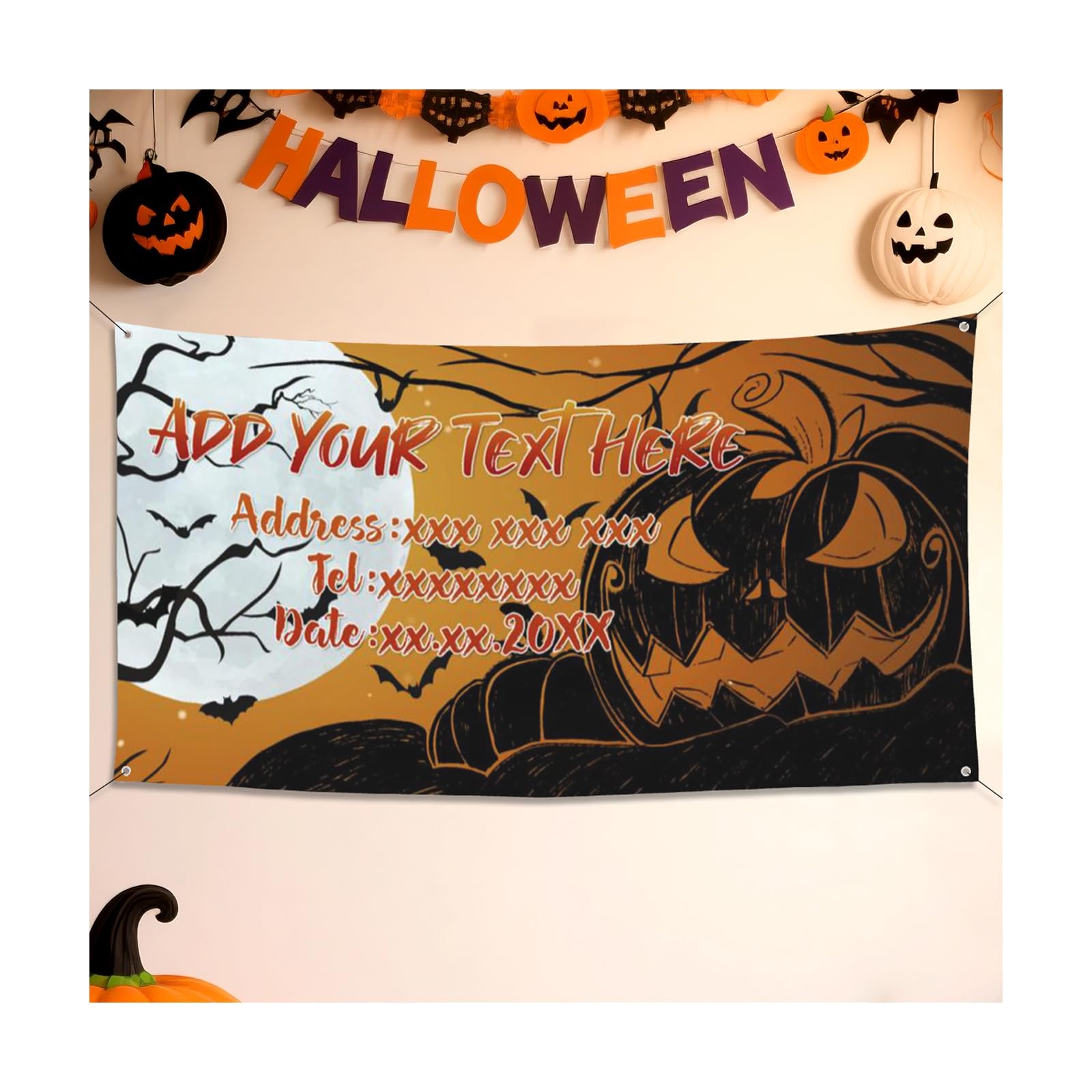 Personalised Halloween Banner Decoration Add Your Own Photo Text Happy Halloween Party Banner Decorations Sign for Front Door Porch Outside Yard Home Party Supplies