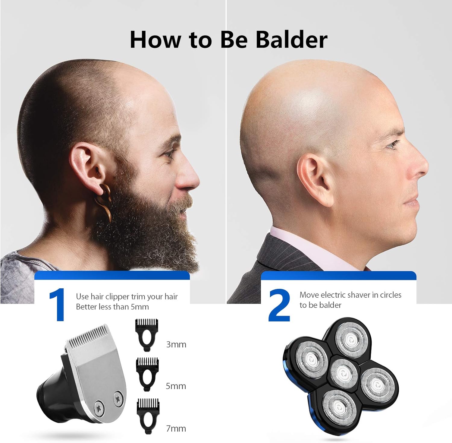 Bald Head Shaver, ATEEN Mens Head Shaver Wet & Dry Electric Razor Rechargeable Cordless 5 in 1 Hair Rotary Shavers Grooming Kit (Black)