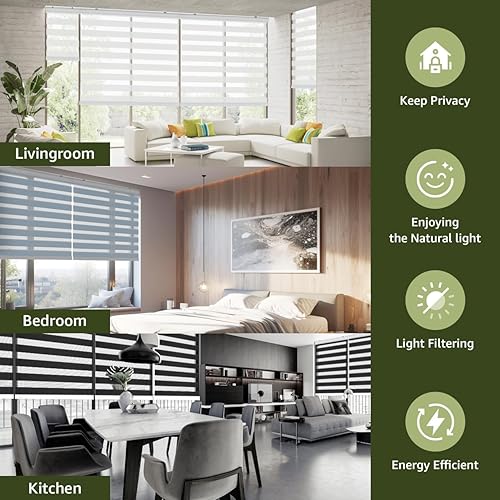 Miniatura 5 de FOIRESOFT Persianas y persianas enrollables de cebra sin cordones básicas, inalámbricas, moca, 23 pulgadas de ancho x 48 pulgadas de alto de doble