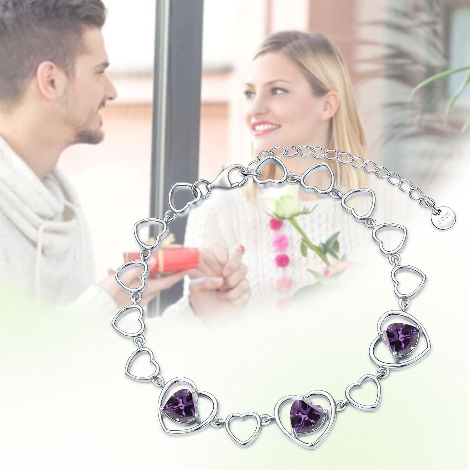 Mother's Day 3 Heart Birthstone Bracelet 925 Sterling Silver Gemstone Bracelets Jewelry Gifts for Women Wife Mother 6.5-inch Chain and 2-inch Extender - Image 6