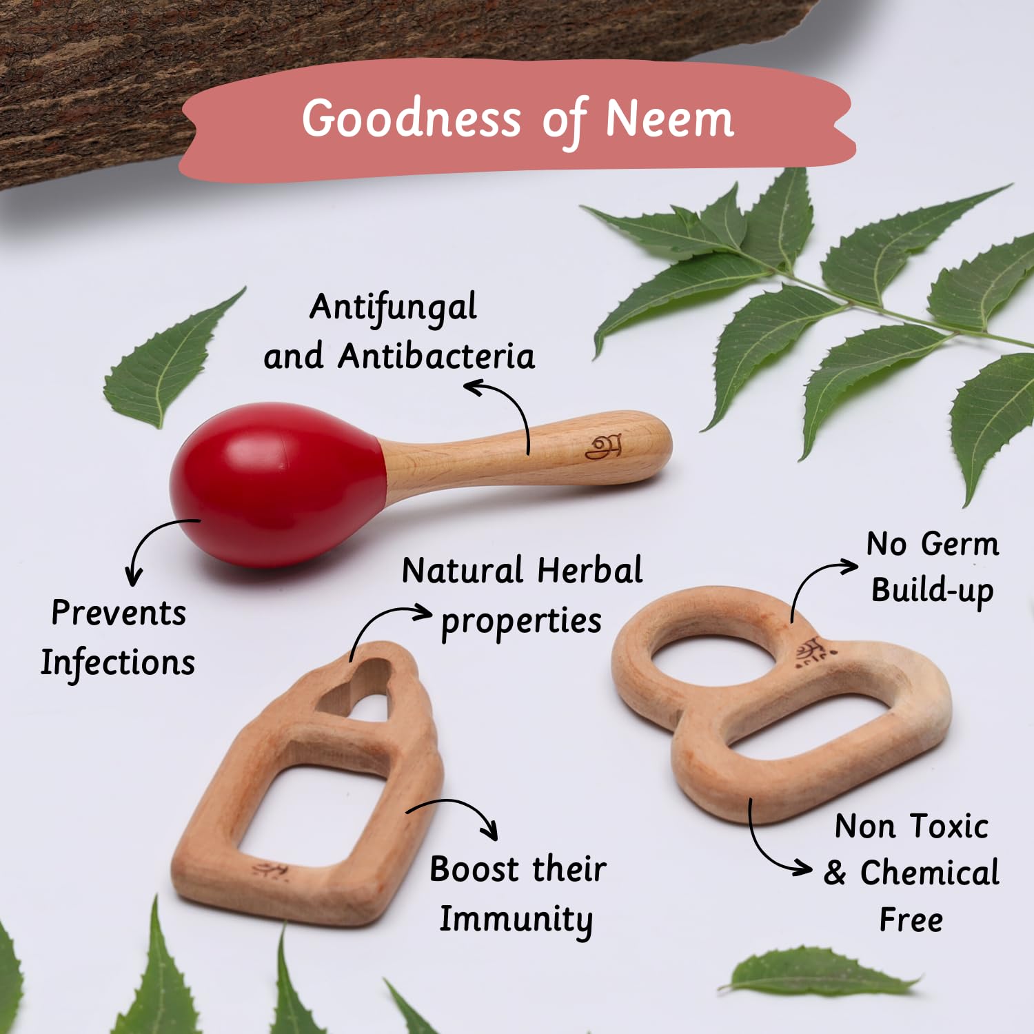 Ariro Wooden Infant Teethers Gift Set-3 For Baby Boy & Girl|Hand Crafted With Organic Neem Wood That Helps Boost Immunity & Aids In Digestion|Easy To Grasp & Chew - Image 3 thumbnail