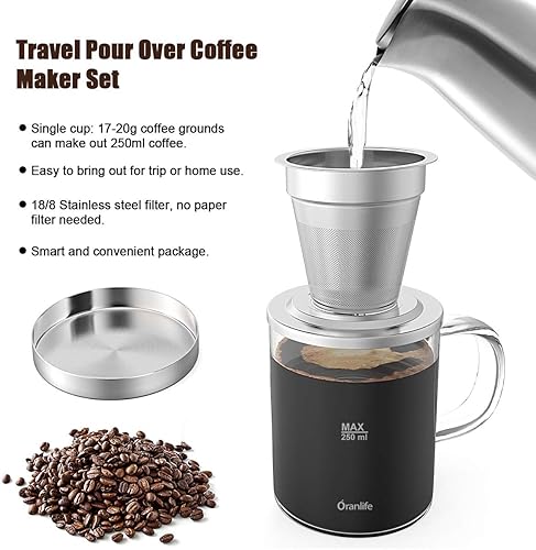 Miniatura 2 de Oranlife Juego de cafetera para viajescampamentossenderismo, taza individual, filtro de café de acero inoxidable, taza de vidrio de borosilicato de