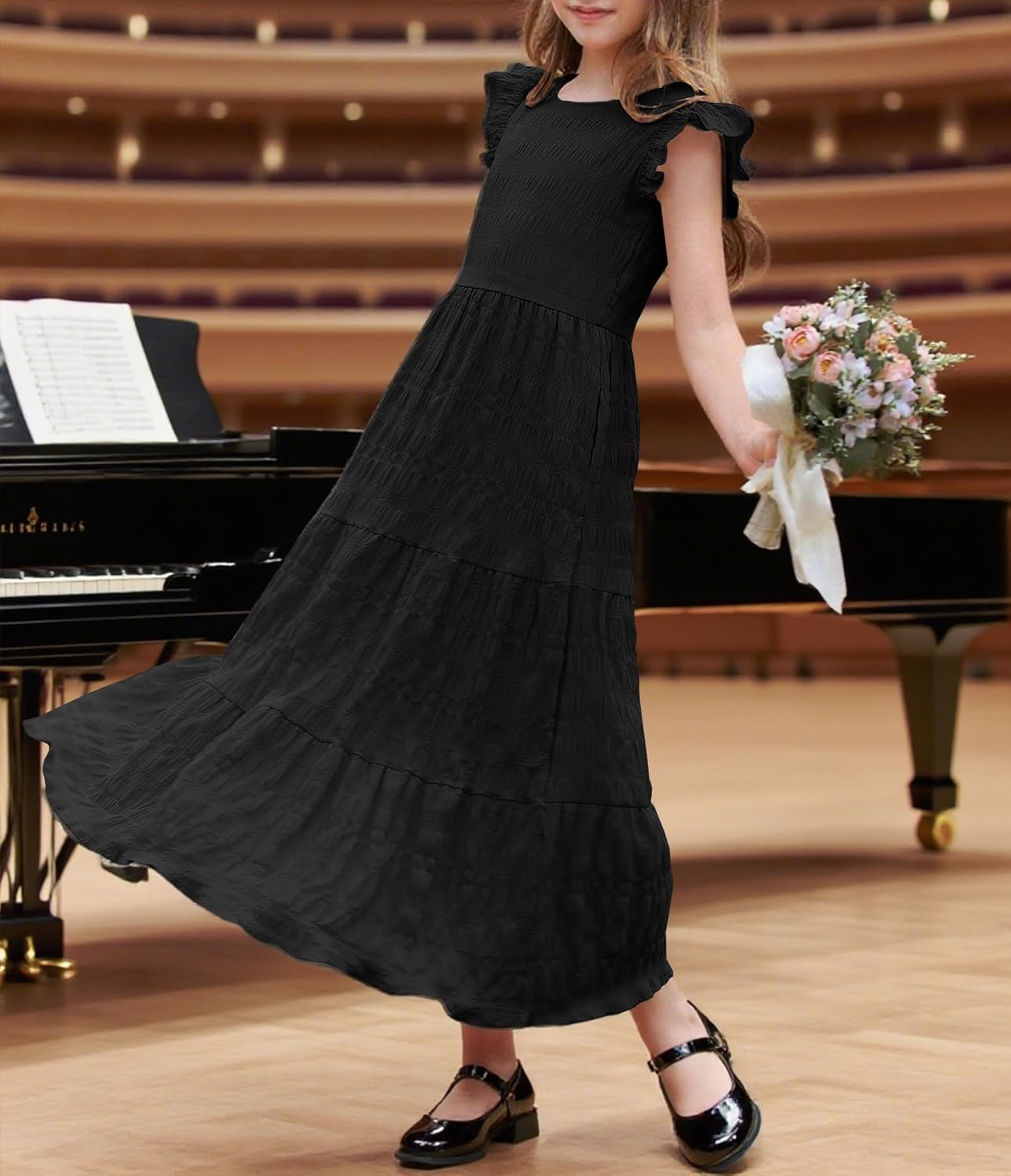 MITILLY Girls Summer Maxi Dress Cute Ruffle Short Sleeve A Line Flowy Casual Party Dresses with Pockets 6-13 Years - Image 5