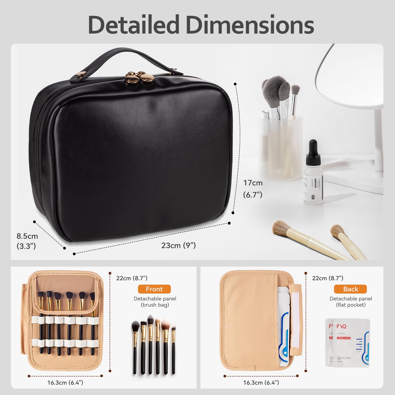 Abiudeng Makeup Bag Travel Wide-Open Make Up Bag with Brush Compartments Large Portable Cosmetic Bag Pouch with Handle PU Leather Water-Resistant Makeup Organiser Bag for Women-Black