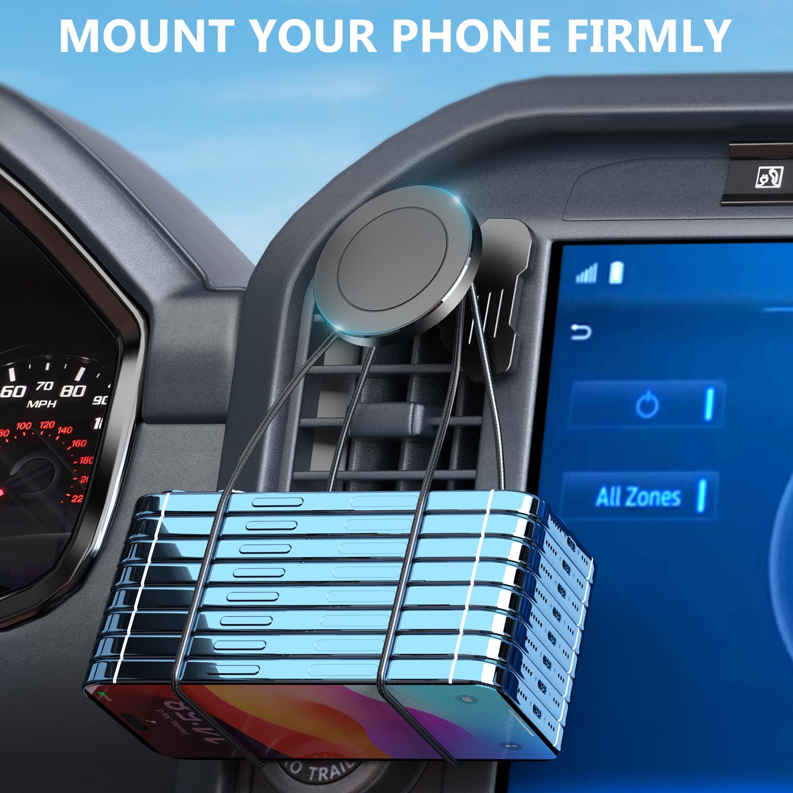 Surfcabin Soporte magnético CNC para teléfono de ventilación de camión, soporte de metal para teléfono F150, compatible con Ford F150 2021-2025 y Super Duty F250 F350 F450 2021-2025 y la mayoría de