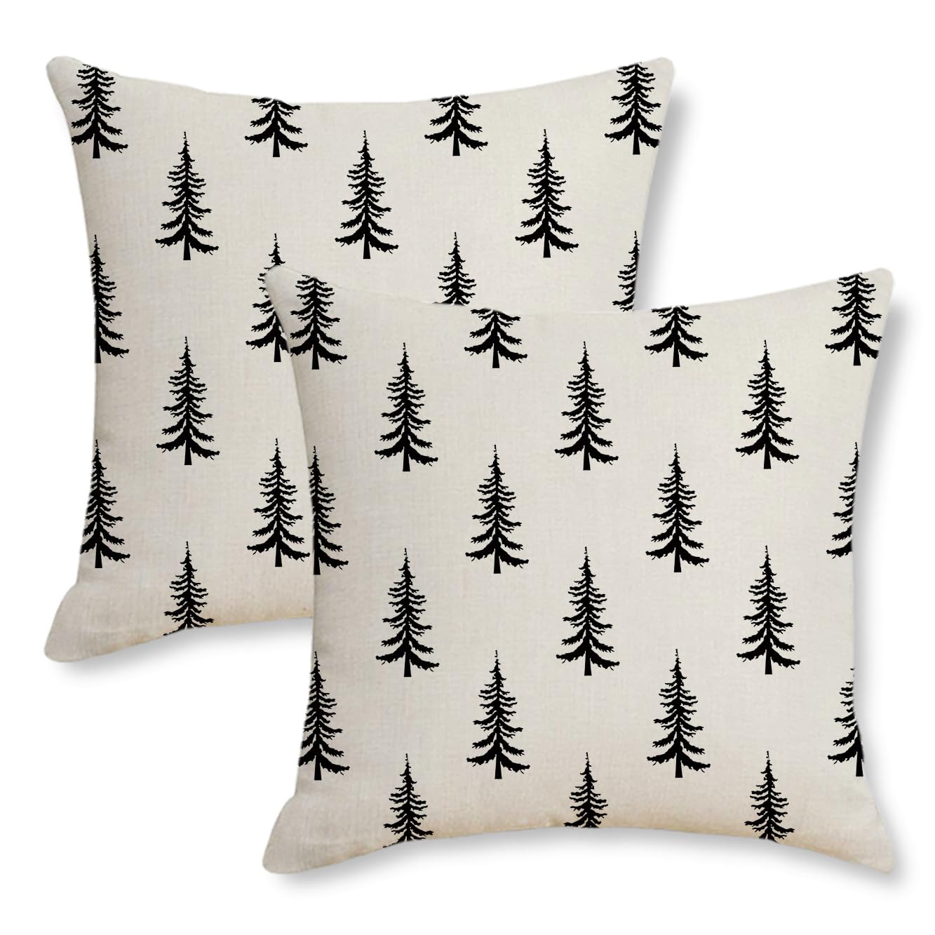 BYONEESS Christmas Tree Pillow Covers 18x18 Set of 2 Balck Xmas Rustic Winter Print Pillowcases Farmhouse Linen Square