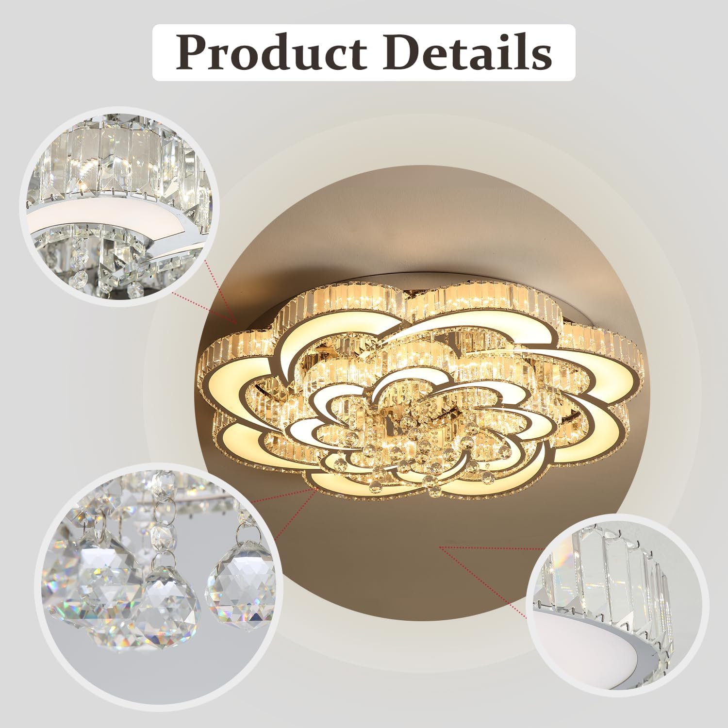 Flashing God Dia 32'' Modern K9 Crystal Chandelier Flush Mount Ceiling Light Fixture Dimmable LED Chandelier for Living Room Dinning Room Bedroom