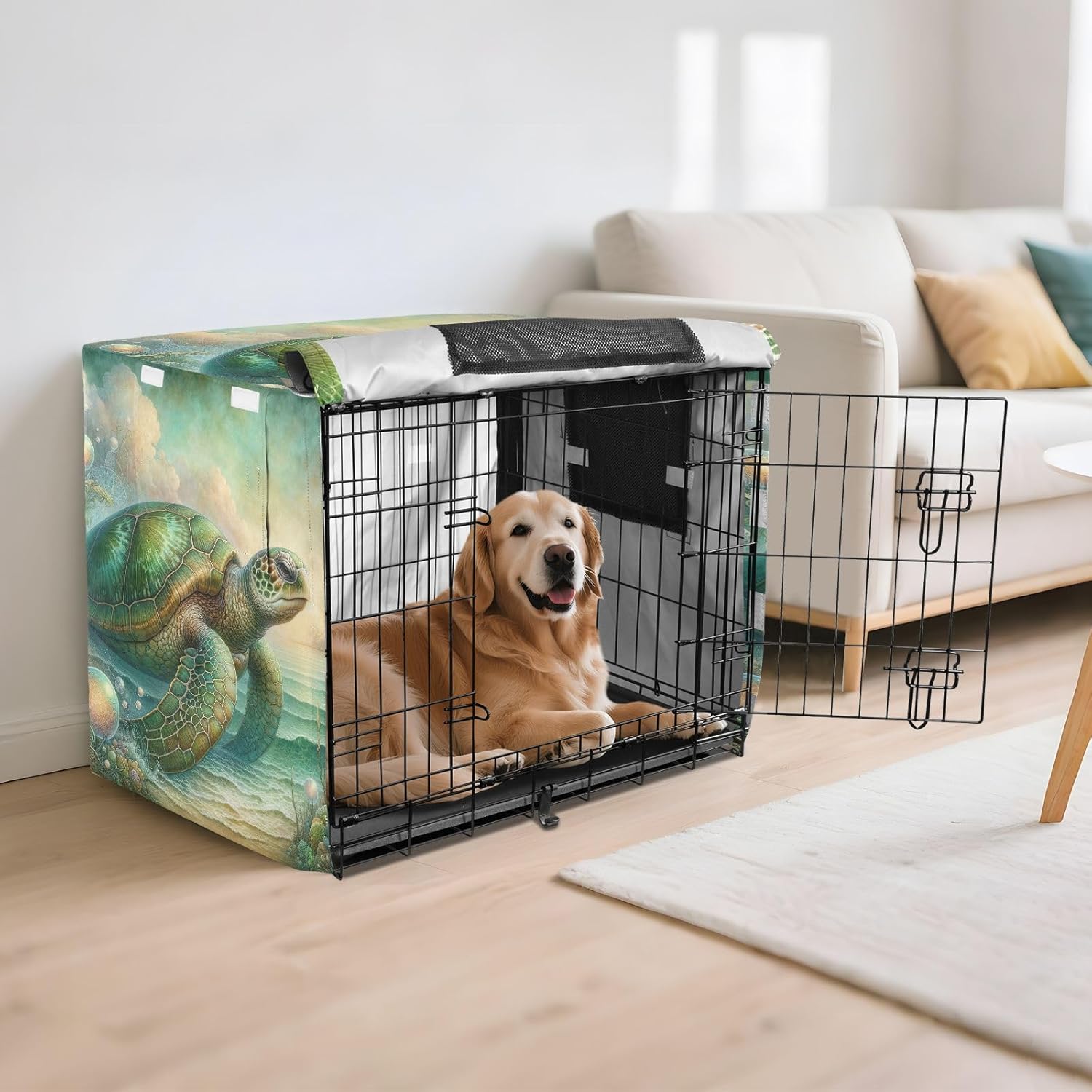 Fantasy Vintage Sea Turtle Pet Cage Cover with Openings, Water-Resistant Water-Resistant Dog Crate Cover, Large