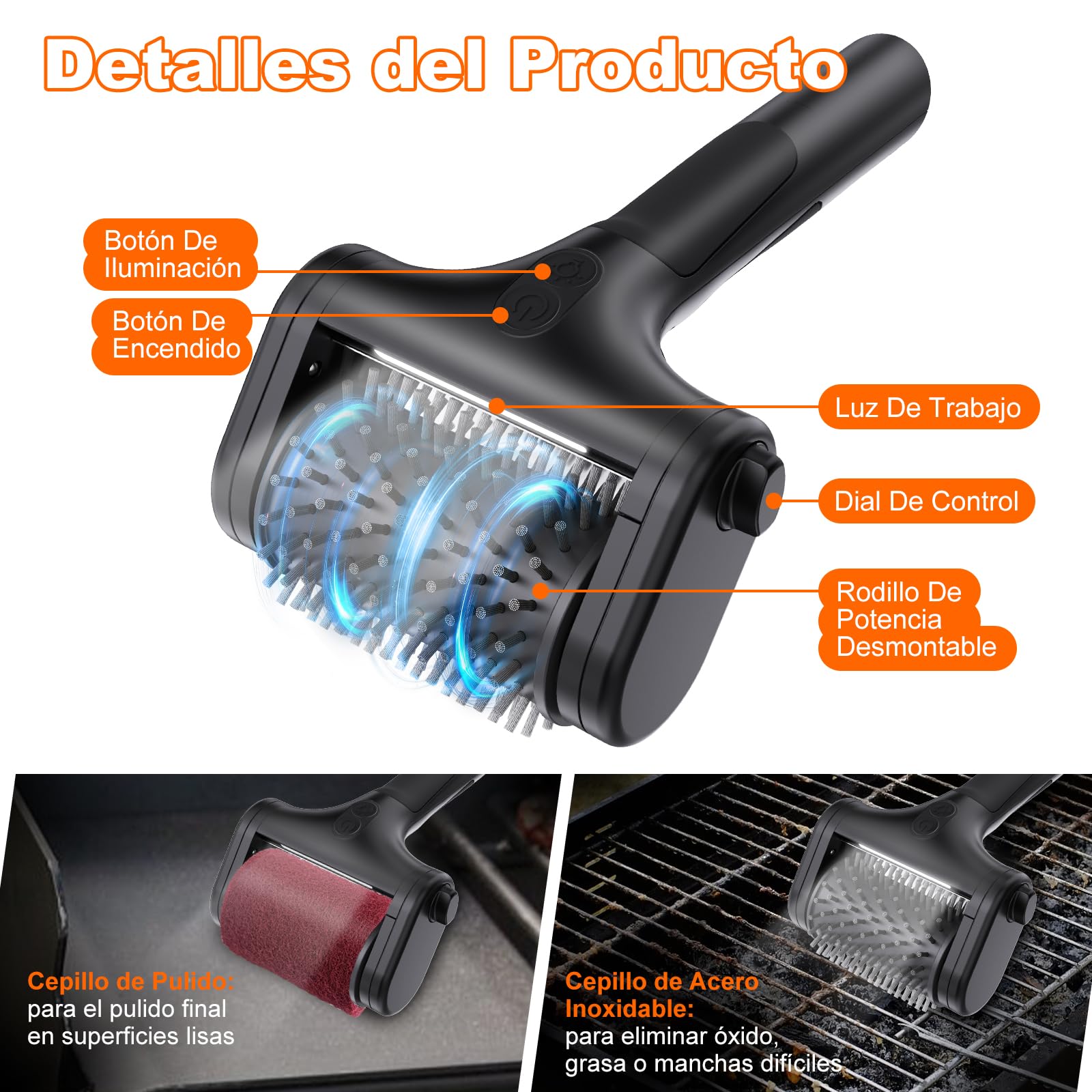 Cepillo Barbacoa,2 Velocidad (590 RPM, 1000 RPM) Incluye Dos Cabezales, Iluminación LED Cepillo Electrico Limpieza Hogar Recargable, Apto para Todo Tipo De Cepillos Eléctricos para Barbacoa (Negro)