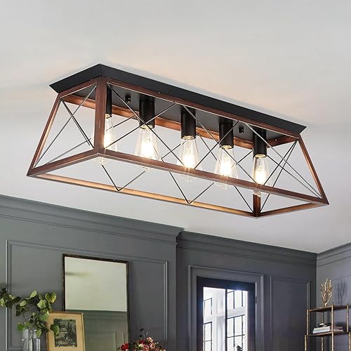 Miniatura 1 de Lámpara de techo de montaje empotrado de 31.5 pulgadas, lámpara industrial vintage de 5 luces con acabado negro mate y bronce cepillado, iluminación