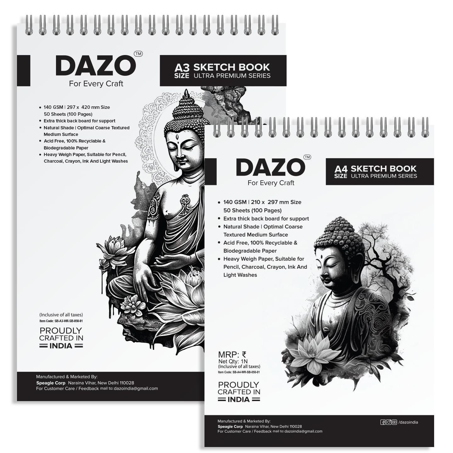 DAZO Sketchbook Combo A3 + A4 Sizes, 140 GSM, 50 Sheets, Ultra Premium Series, Spiral Bound, Cartridge Paper-image-5