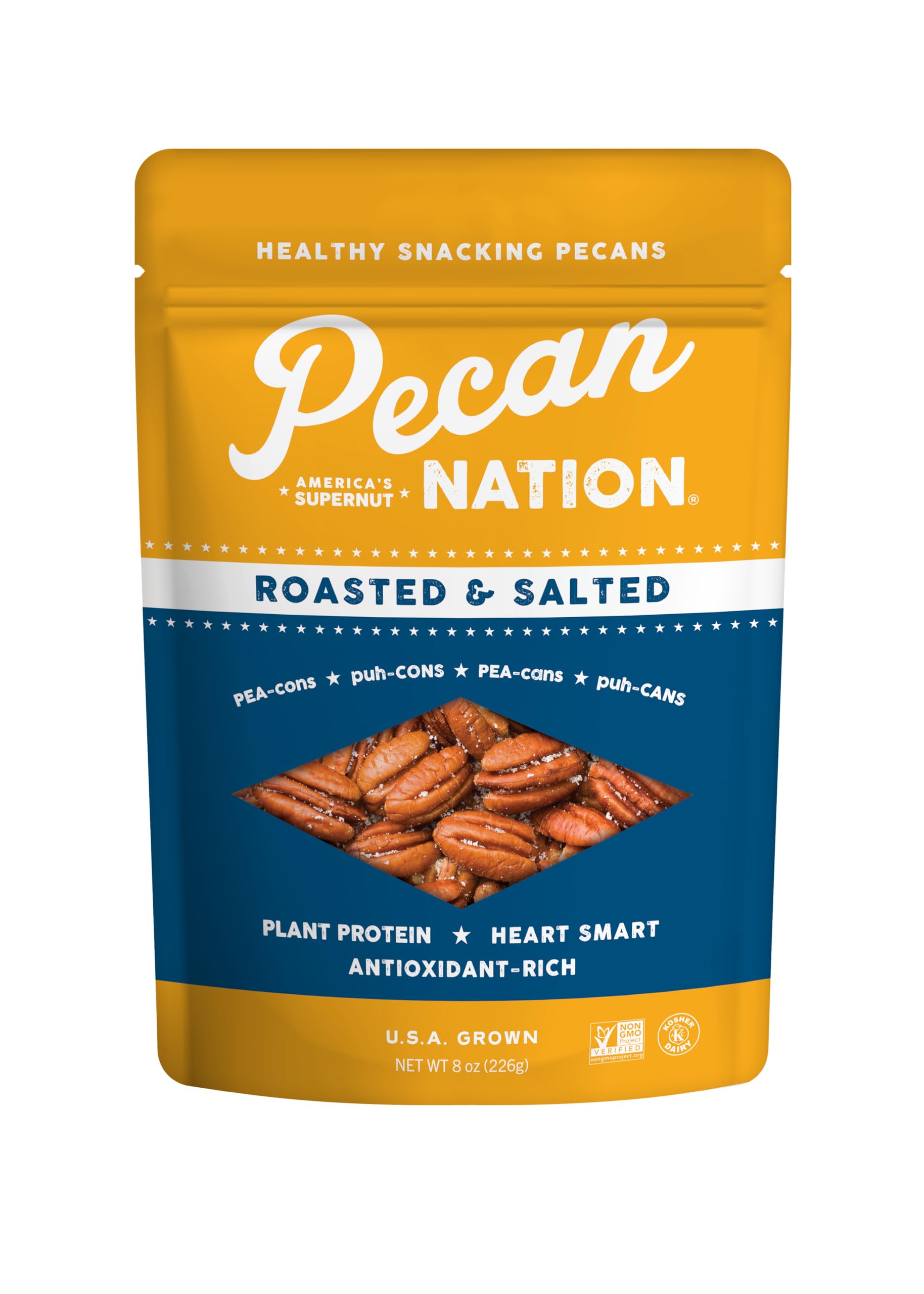 Pecan Nation Roasted & Salted Georgia Pecan Halves 8 oz., Natural, No preservatives, Antioxidant-Rich, Low Carb, Dry Roasted, Healthy Snacking Pecans