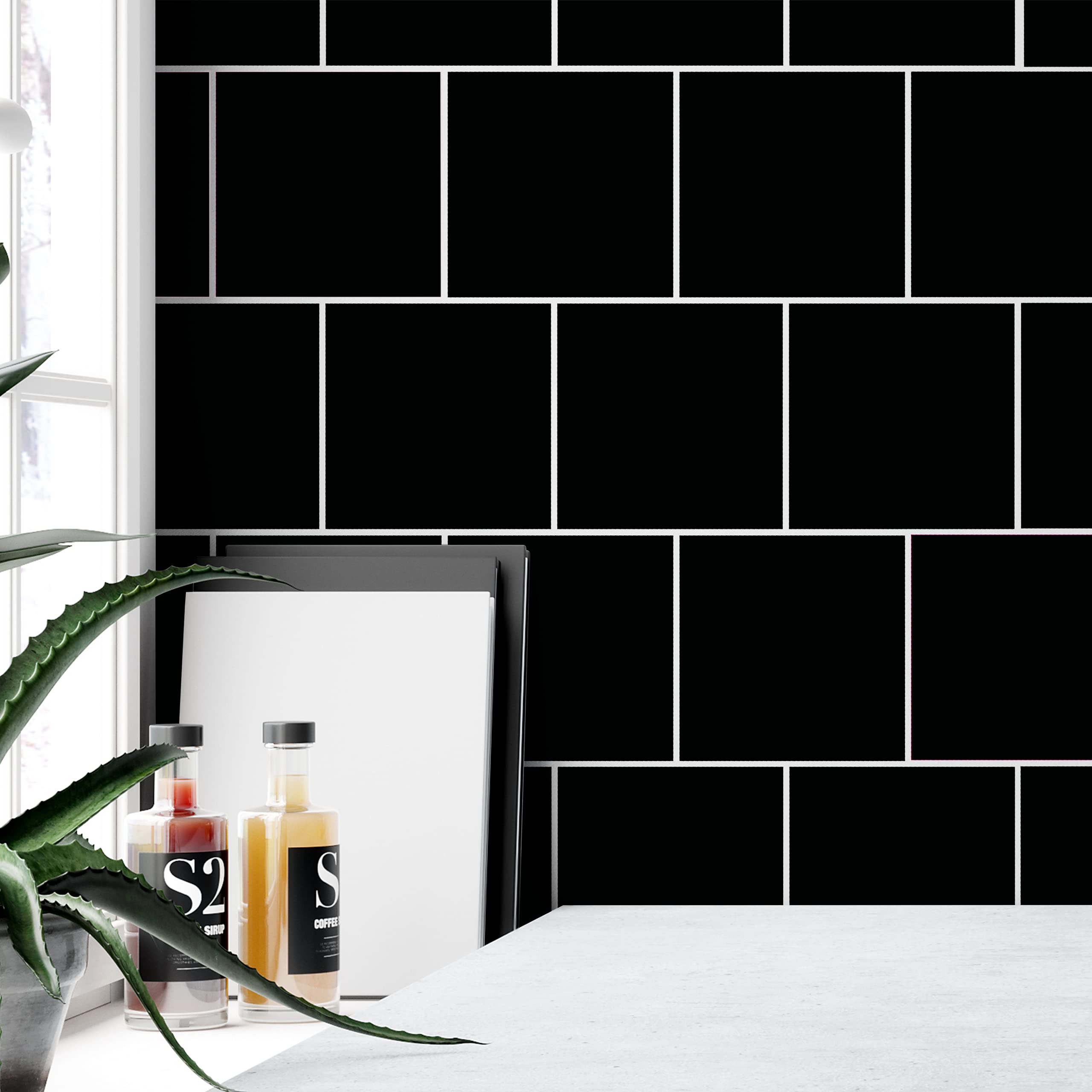 WALPLUS 15cm(6")48pcs Colour Block Tile Sticker Royal Black Wall Tile Sticker Tile Paint Stick