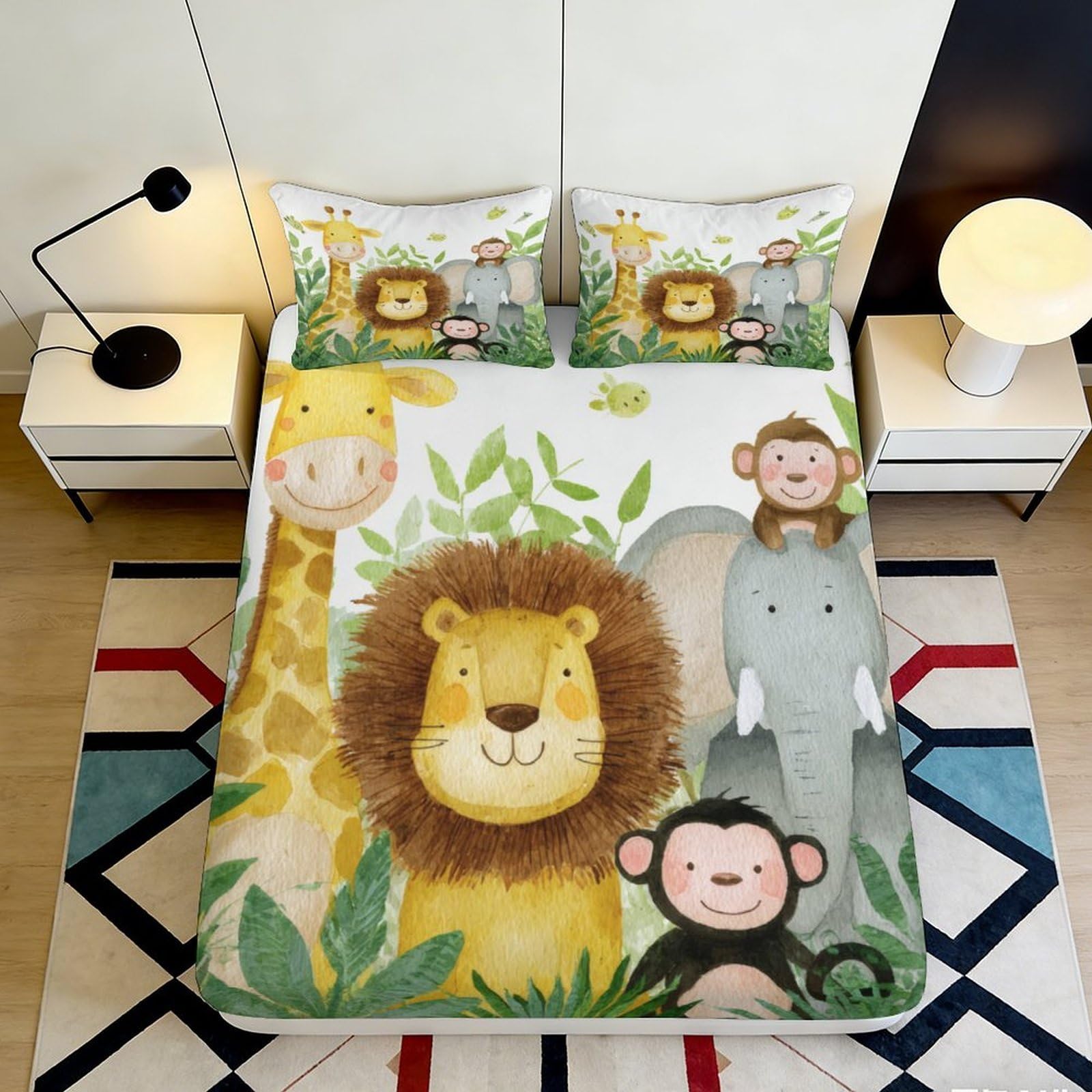 3D Printed Jungle Animals Fitted Sheet Microfiber Cartoon Safari Mattress Cover Slip-Resistant Washable Bed Decor for Bedroom Dorm 120x200x25cm