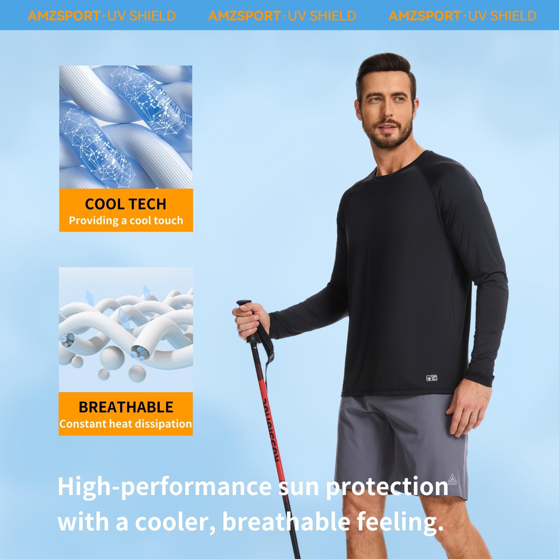 AMZSPORT Maglietta UV Uomo Rashguard UPF 50 Maglietta a Maniche Lunghe e Corte Protezione Solare Traspirante Asciugatura Rapida Maglietta Protettiva per Pesca, Surf, Escursionismo, Ciclismo