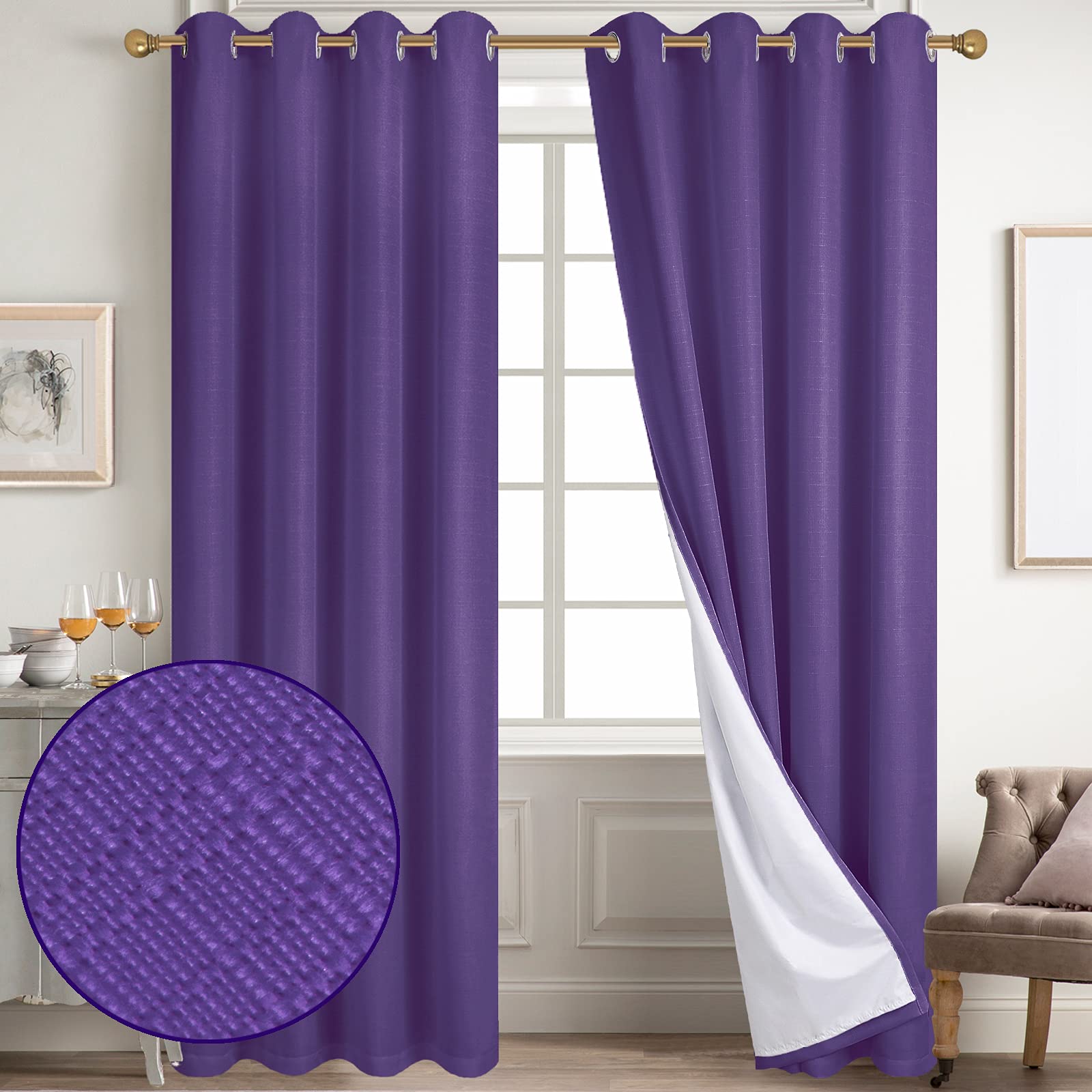 Diraysid 100% Blackout Curtains Purple Linen Curtains for Bedroom Grommet Thermal Insulated Room Darkening Drapes (2 Panels, W52 x L84 Inch)