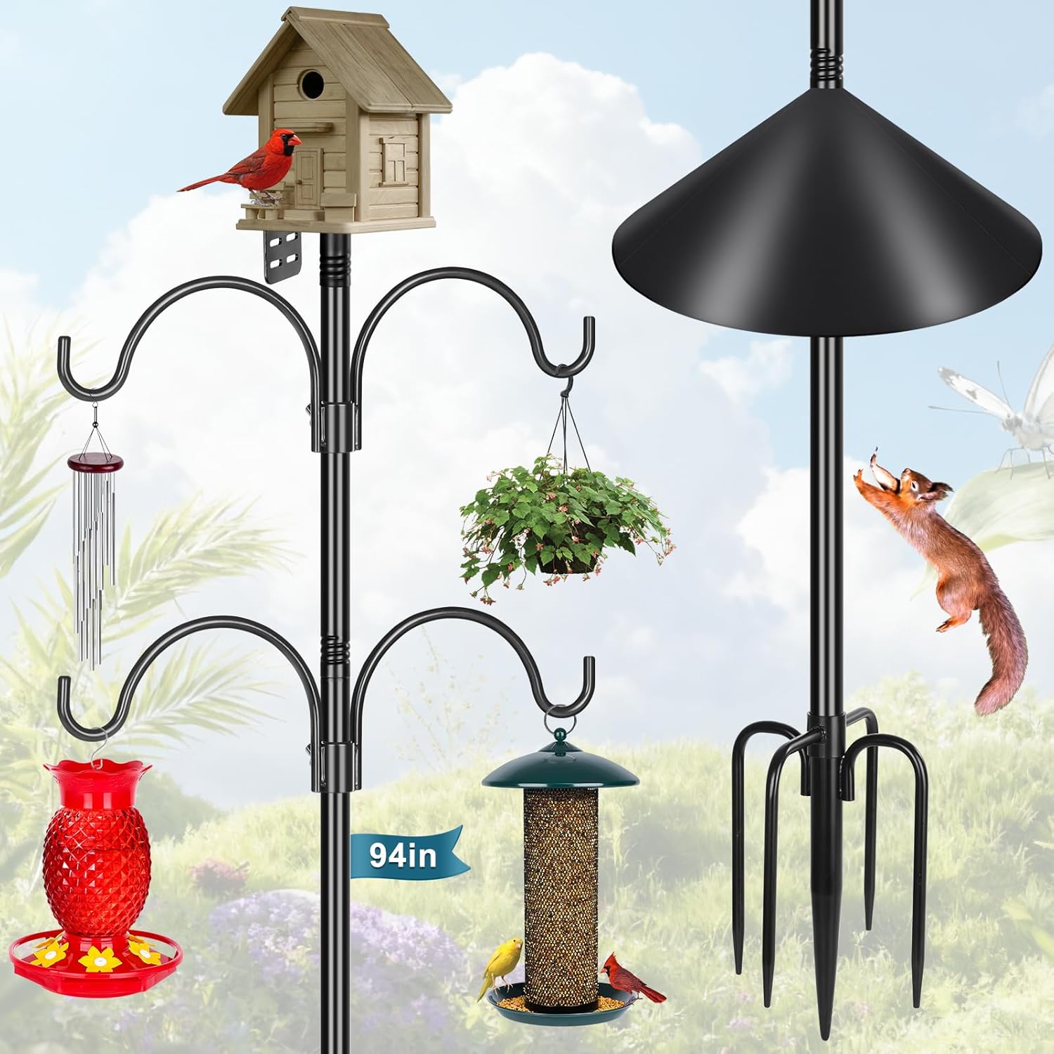 Gtongoko Smart Bird Feeder Pole Squirrel Proof 94 Inch with 4 Shepherds Hooks Hanging Bluebird House Pole for Outdoors Squirrel Baffles for Feeders Metal Heavy Duty Mounting Kit 94'' Pole&Baffle