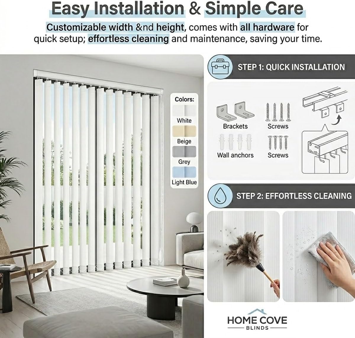 Cordless Vertical Blinds for Sliding Glass Doors, Blackout Fabric Vertical Window Blinds & Shades, 43" 51" 55" 63" 68" 78" 83" Privacy Room Divider for Large Windows, Patio Doors(White)