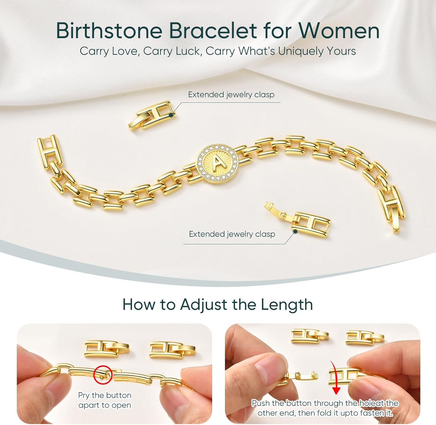 Gold Initial Bracelet for Women - 14K Gold Plated Adjustable Watch Band Chain Bracelets, Trendy Cubic Zirconia Link Bracelet, Birthday Anniversary Christmas Jewelry Gifts for Her - Image 5