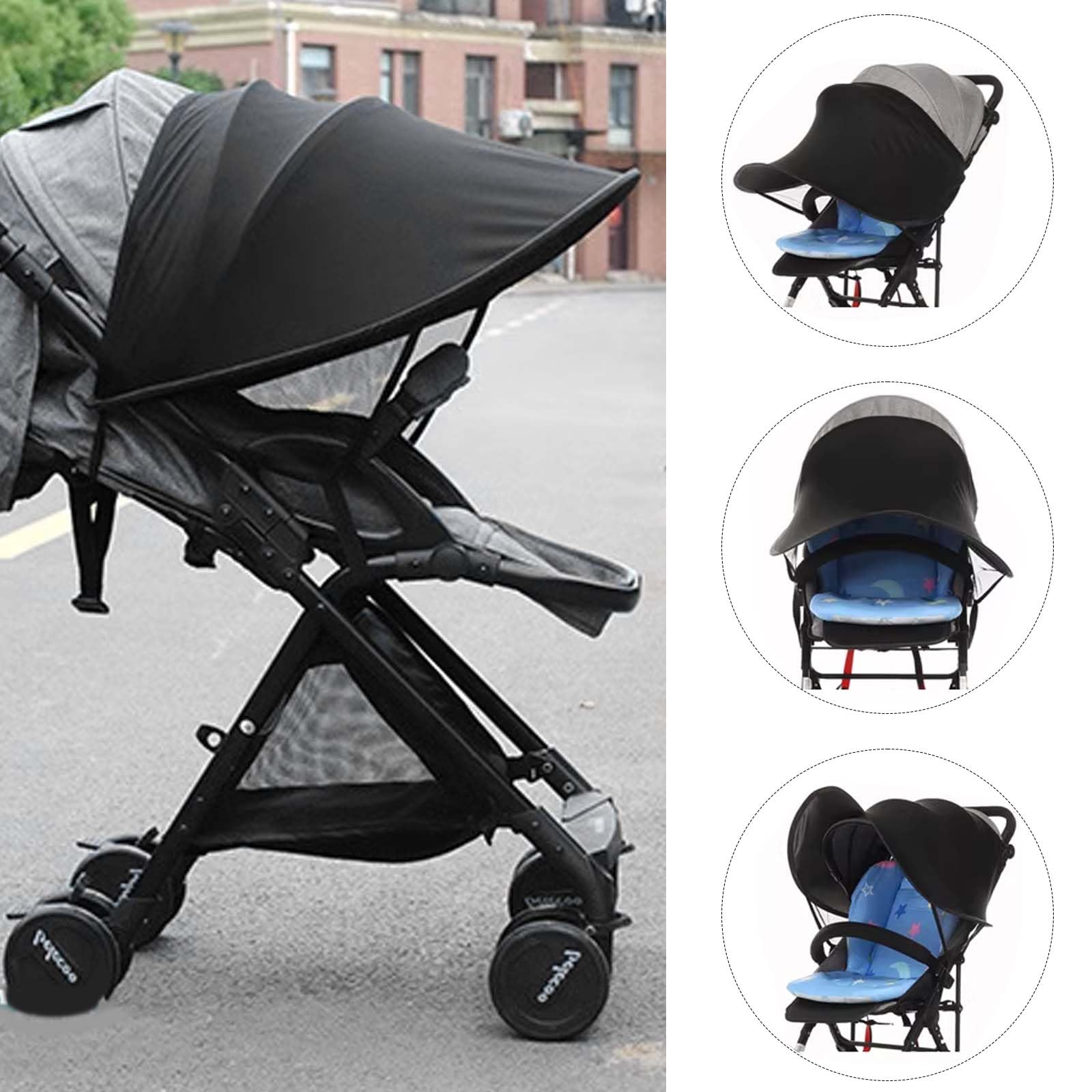 Tenda per Passeggino, Capottina Parasole Passeggino, Telo Parasole per Carrozzina e Passeggino, Parasole per Passeggino, Tenda per Passeggini Protezione Solare per Passeggino, Anti-UV, Nero