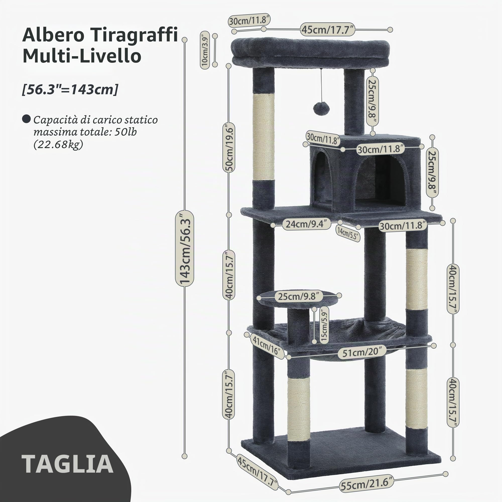 PAWZ Road Albero per Gatti Grande Con Amaca in Metallo Felpato - Torre da 143 cm Con Casa Condominiale a 2 Porte e 6 Ripiani
