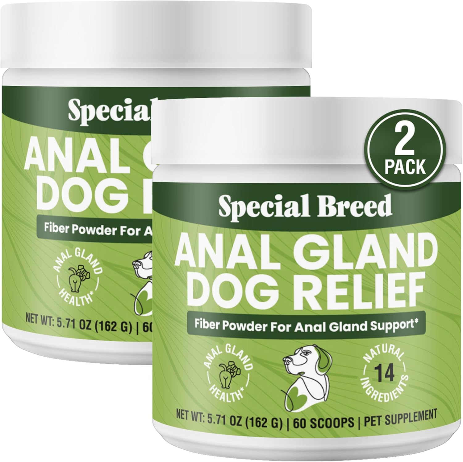 Anal Gland Dog Relief – Fiber for Dogs – 9X Fiber Power - Digestive Supplement Powder with 14 Natural Ingredients – Supports Firm Stools & Gut Health Treatment– 60 Scoops - 5.71oz (Pack of 2)