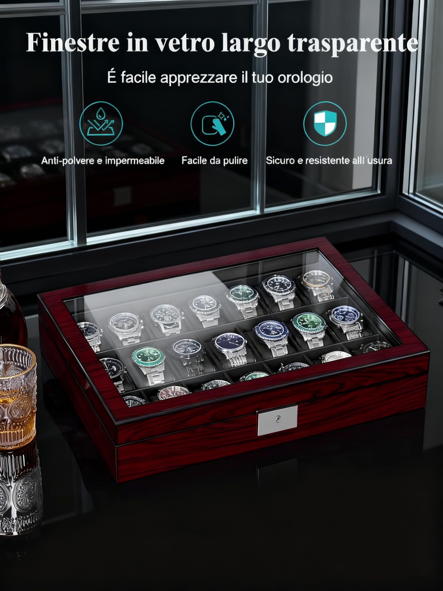 ANWBROAD Porta Orologi Uomo 21 scomparti Scatola Porta Orologi Uomo con Coperchio in Vetro Grande con Serratura Organizer per Orologi Regalo di Lusso JWB004Y