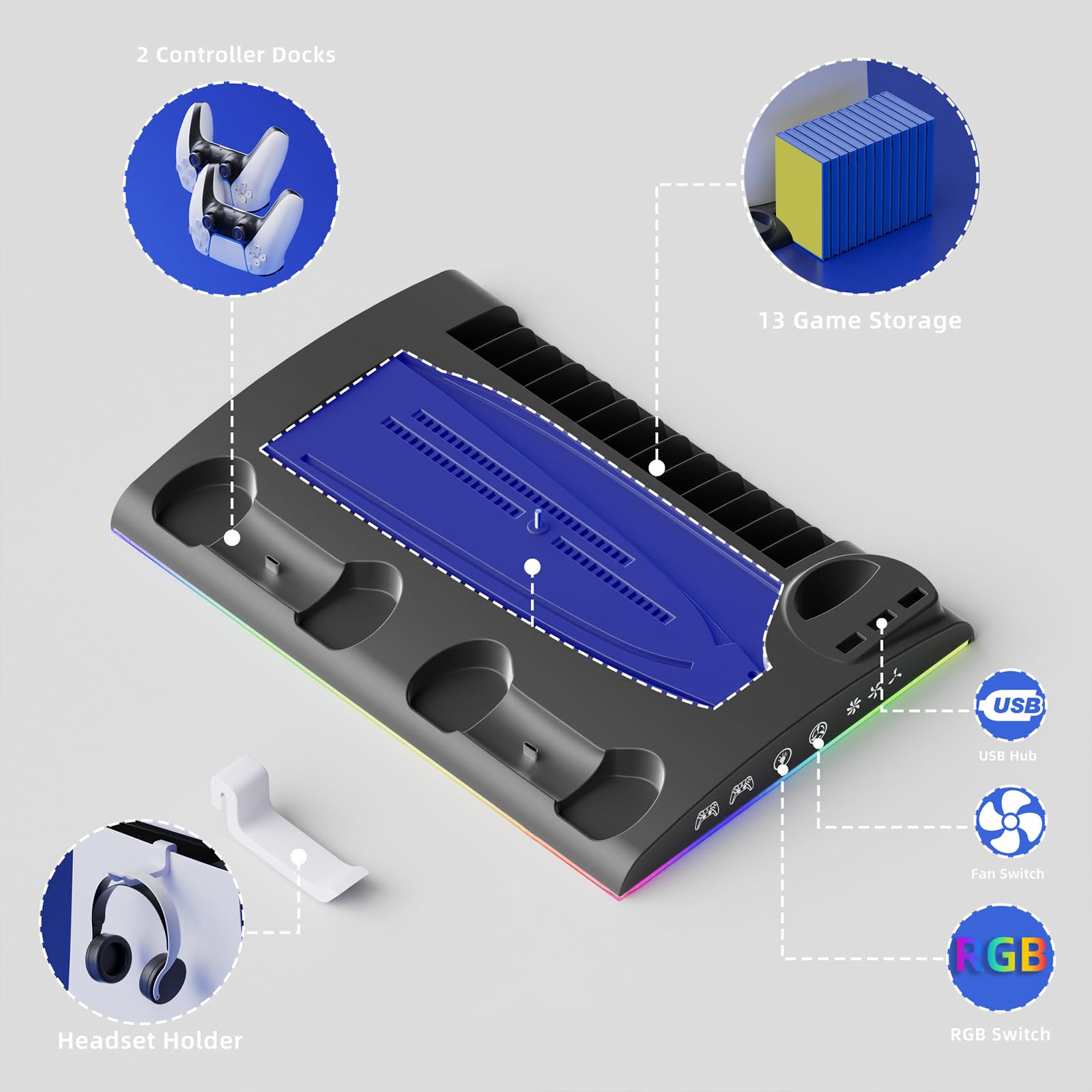 Soporte vertical de consola con soporte para auriculares compatible con ranura para cartucho de juego, ventilador de refrigeración y base de carga para controlador