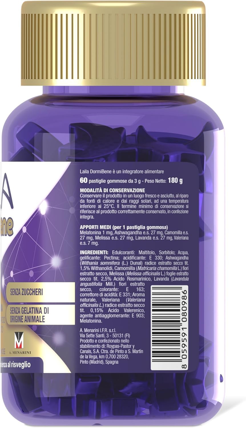 Laila DormiBene Integratore alimentare per il sonno a base di Herbal 5 Complex e Melatonina per favorire un rapido addormentamento. Confezione da 60 pastiglie gommose. Senza zuccheri