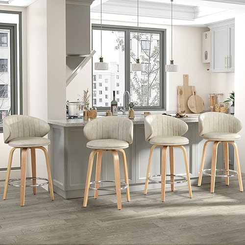 Miniatura 7 de Juego de 2 taburetes de bar modernos de madera curvada de mediados de siglo, taburetes giratorios de piel sintética con respaldo para encimera de