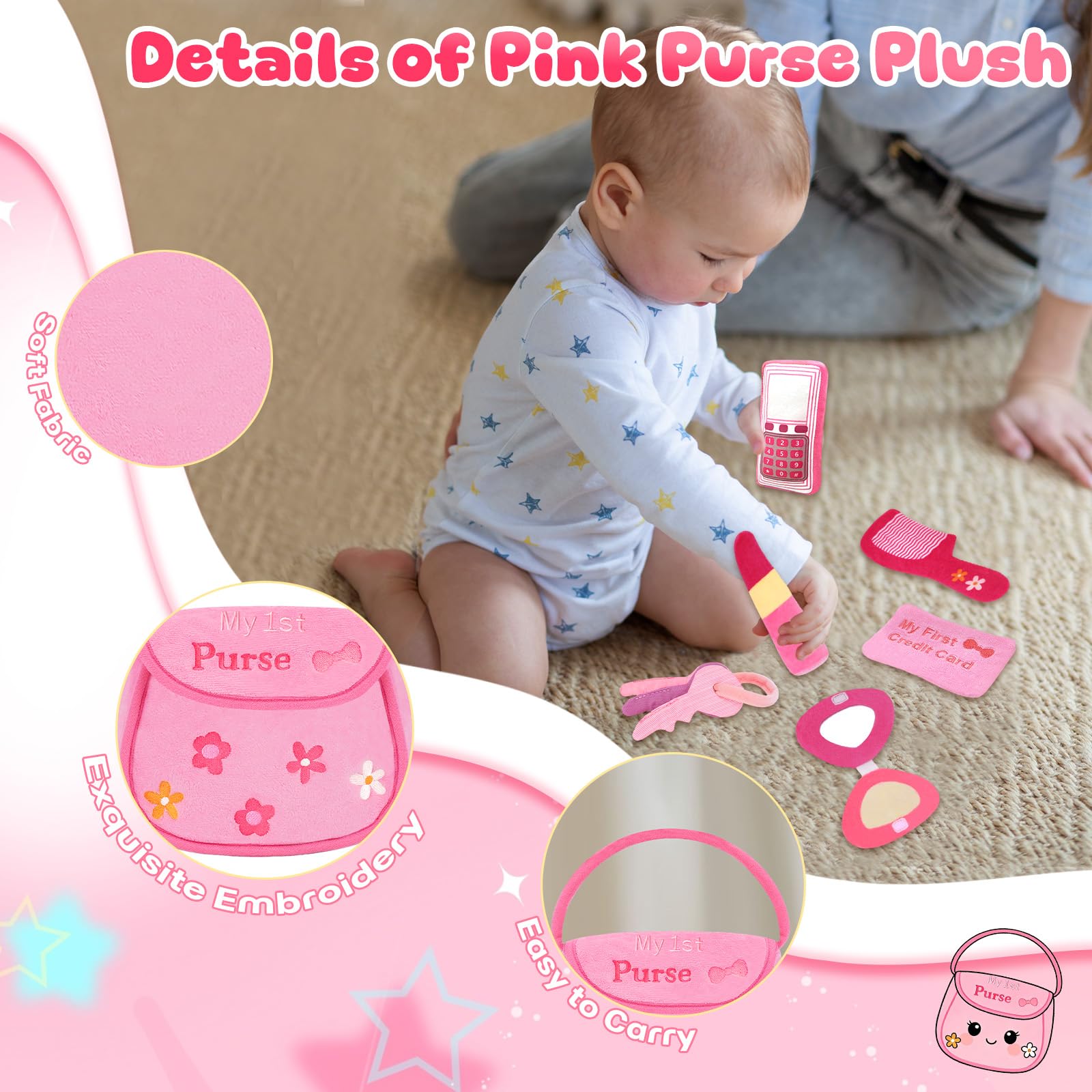My First Pink Purse Plush, Baby Purse Set with 6 Pcs Makeup Plushies for Toddlers, First Birthday Gifts for Girls