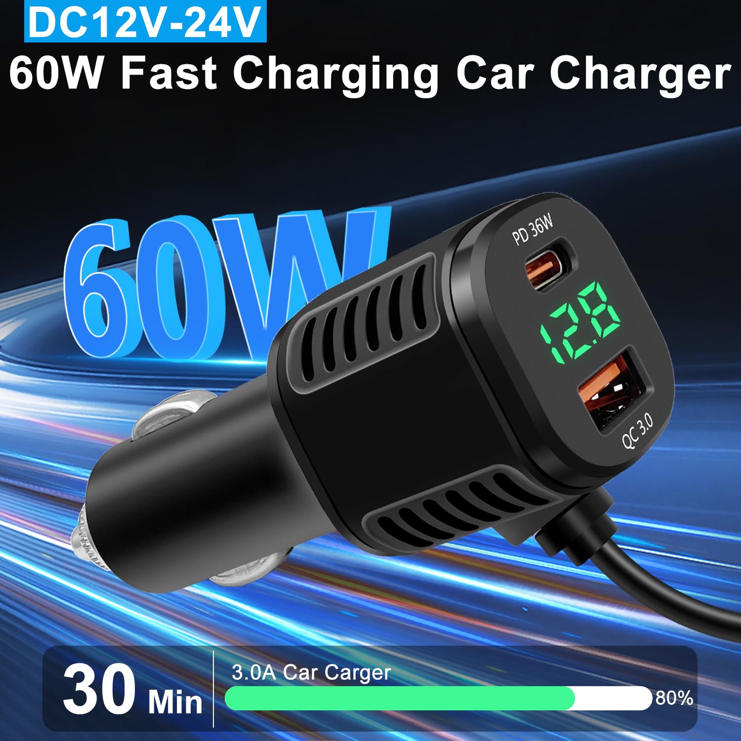 Ładowarka samochodowa USB C 60 W, 3 porty PD i QC3.0 szybkie ładowanie zapalniczka adapter ładowarki z woltomierzem LED i kablem USB C 3,5 m, kompatybilny z iPhone Samsung Huawei