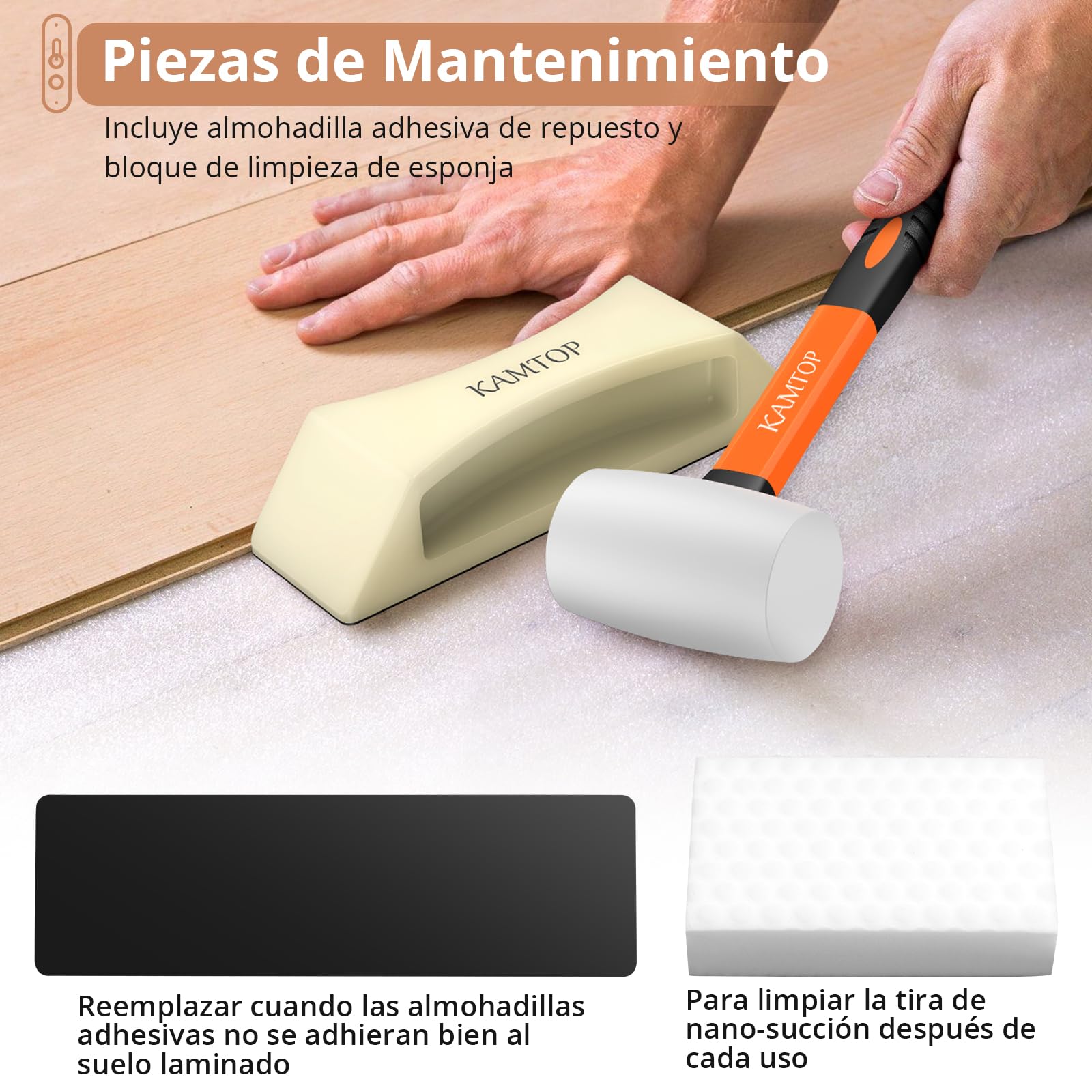 Kamtop Kit Instalación Suelo Laminado Profesional con Bloque Nano-Succión, Martillo Goma 16 oz y Esponja - Herramientas Reparación Tarima Flotante, Montaje Parquet, y Ajuste Paneles Sin Huecos